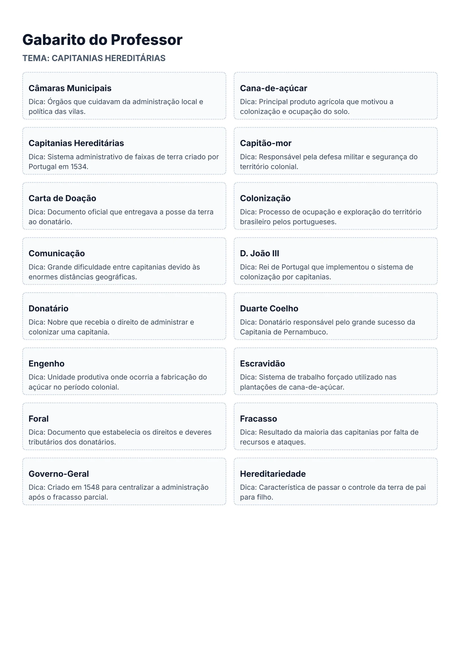 Bingo de História: Capitanias Hereditárias - 7º Ano — amostra 1: O que é o material? O Bingo de História: Capitanias…