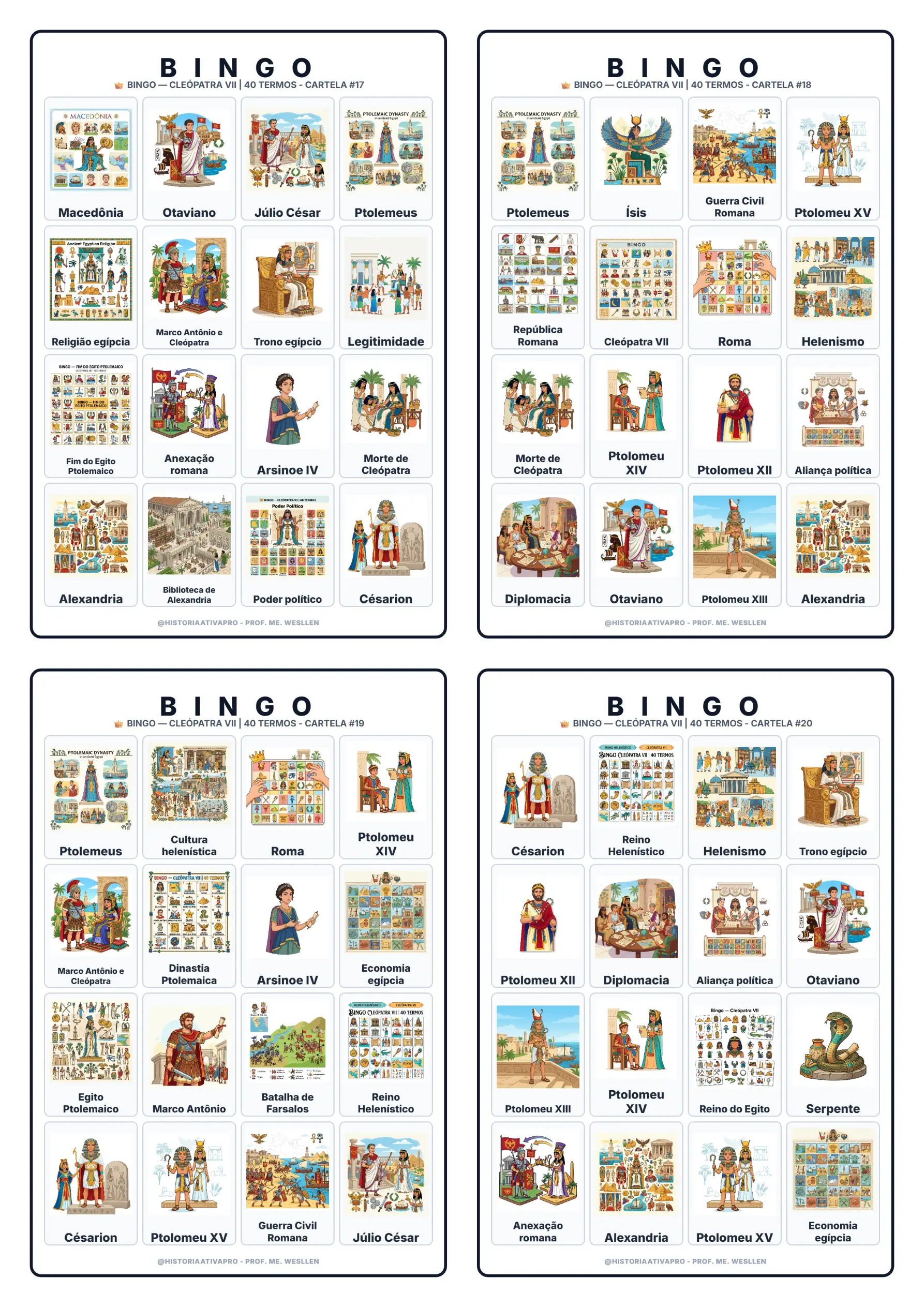 Bingo de História: Cleópatra VII - 6º e 7º Ano — amostra 1: Jogo de Bingo sobre Cleópatra VII, Egito Antigo e Roma