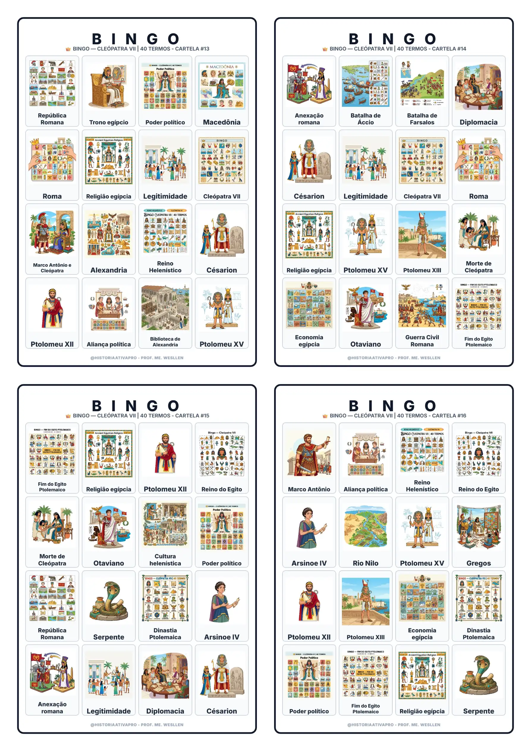 Bingo de História: Cleópatra VII - 6º e 7º Ano — amostra 2: Jogo de Bingo sobre Cleópatra VII, Egito Antigo e Roma