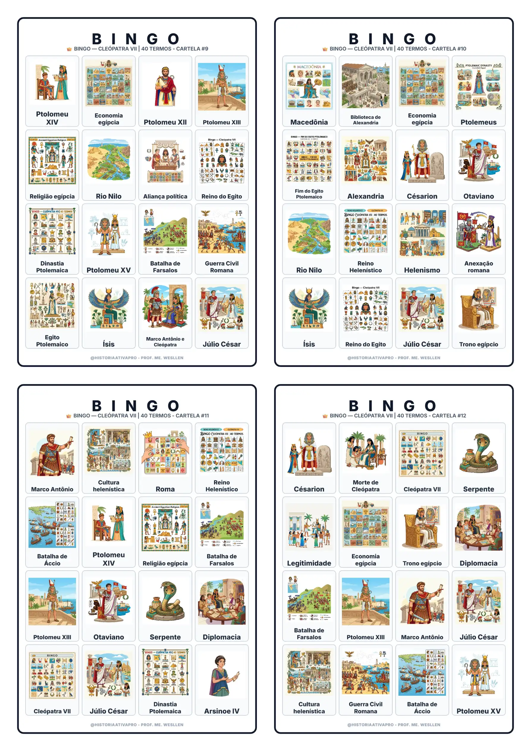 Bingo de História: Cleópatra VII - 6º e 7º Ano — amostra 3: Jogo de Bingo sobre Cleópatra VII, Egito Antigo e Roma