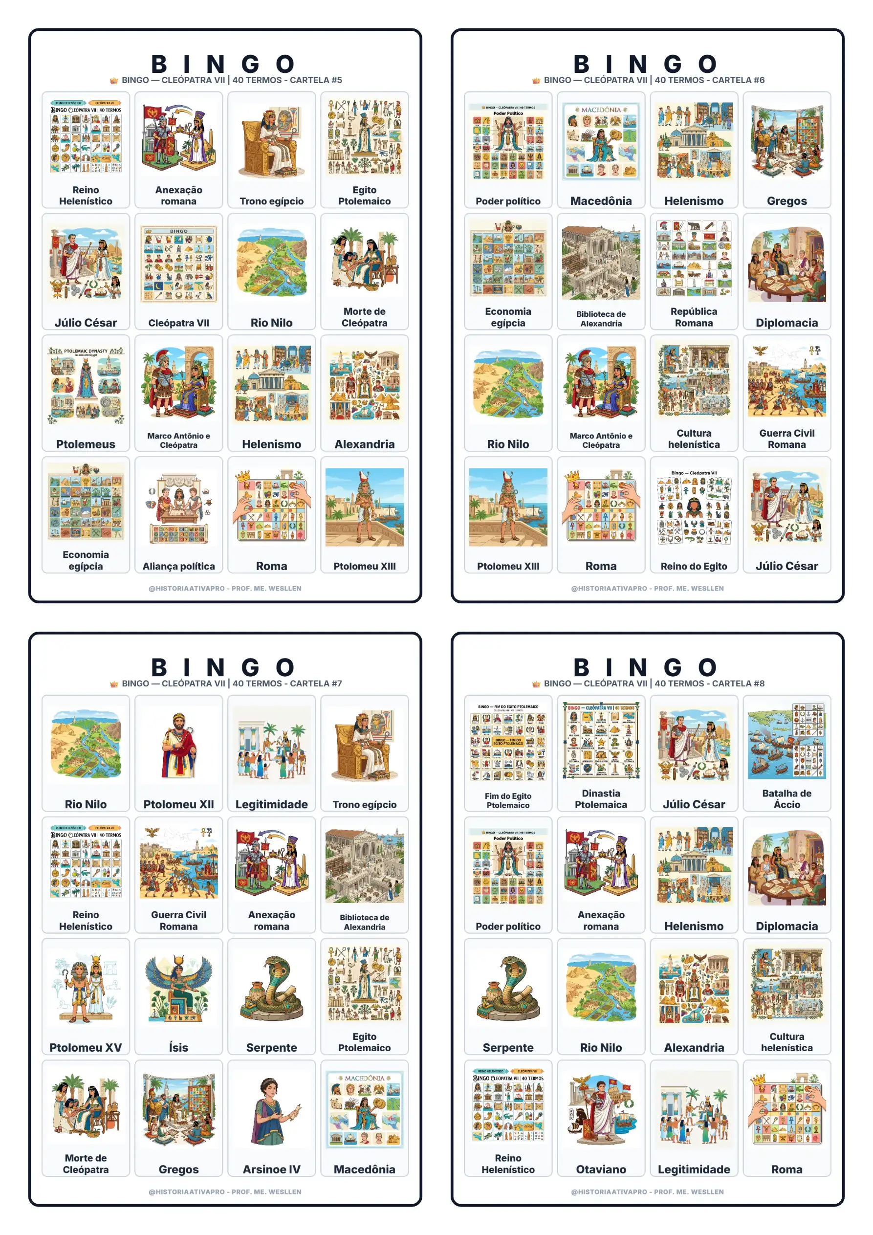 Bingo de História: Cleópatra VII - 6º e 7º Ano — amostra 4: Jogo de Bingo sobre Cleópatra VII, Egito Antigo e Roma