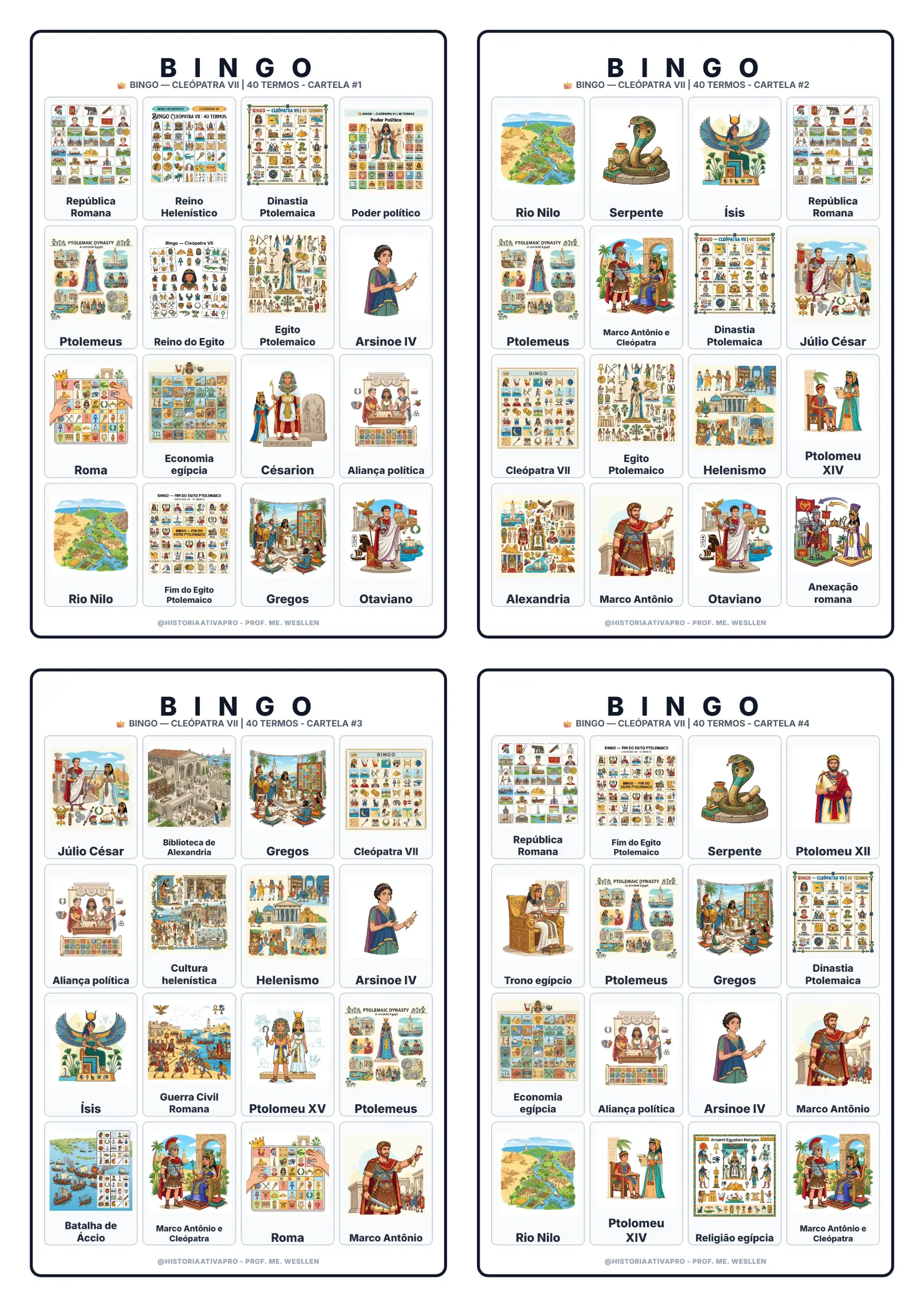 Bingo de História: Cleópatra VII - 6º e 7º Ano — amostra 5: Jogo de Bingo sobre Cleópatra VII, Egito Antigo e Roma