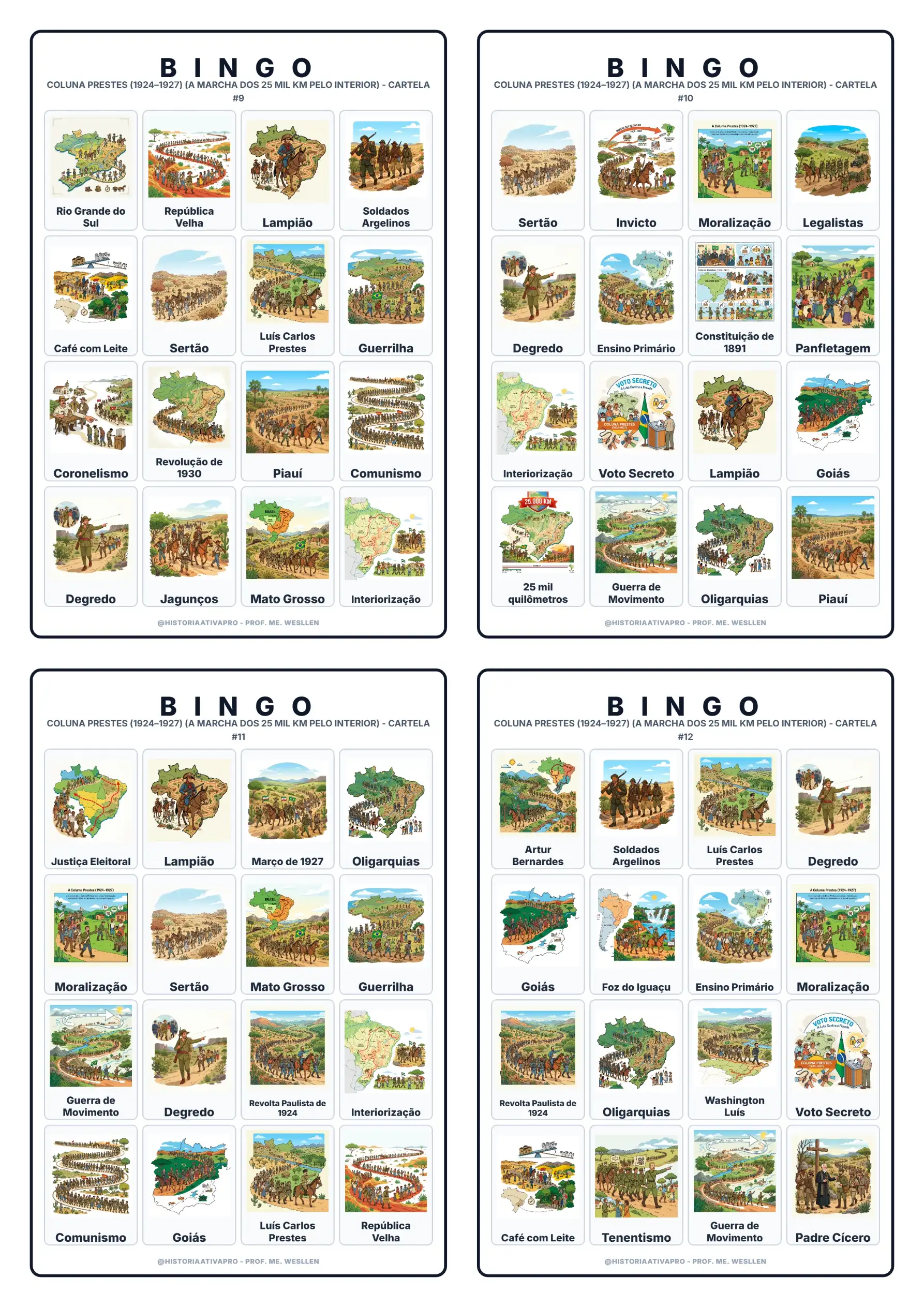 Bingo de História: Coluna Prestes - 9º Ano — amostra 5: Jogo de Bingo sobre a Coluna Prestes (1924–1927) e a Marcha dos 25…