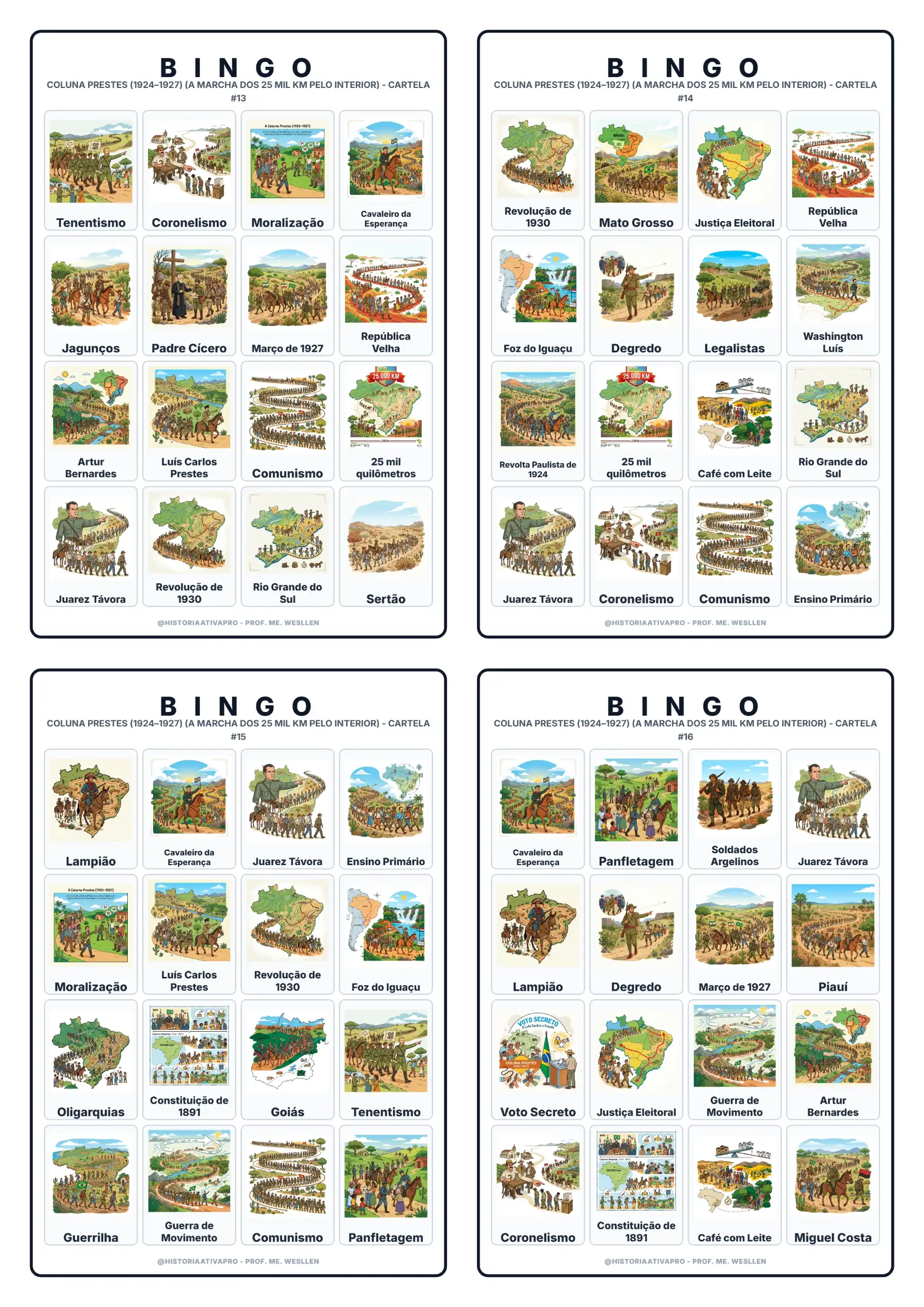 Bingo de História: Coluna Prestes - 9º Ano — amostra 6: Jogo de Bingo sobre a Coluna Prestes (1924–1927) e a Marcha dos 25…