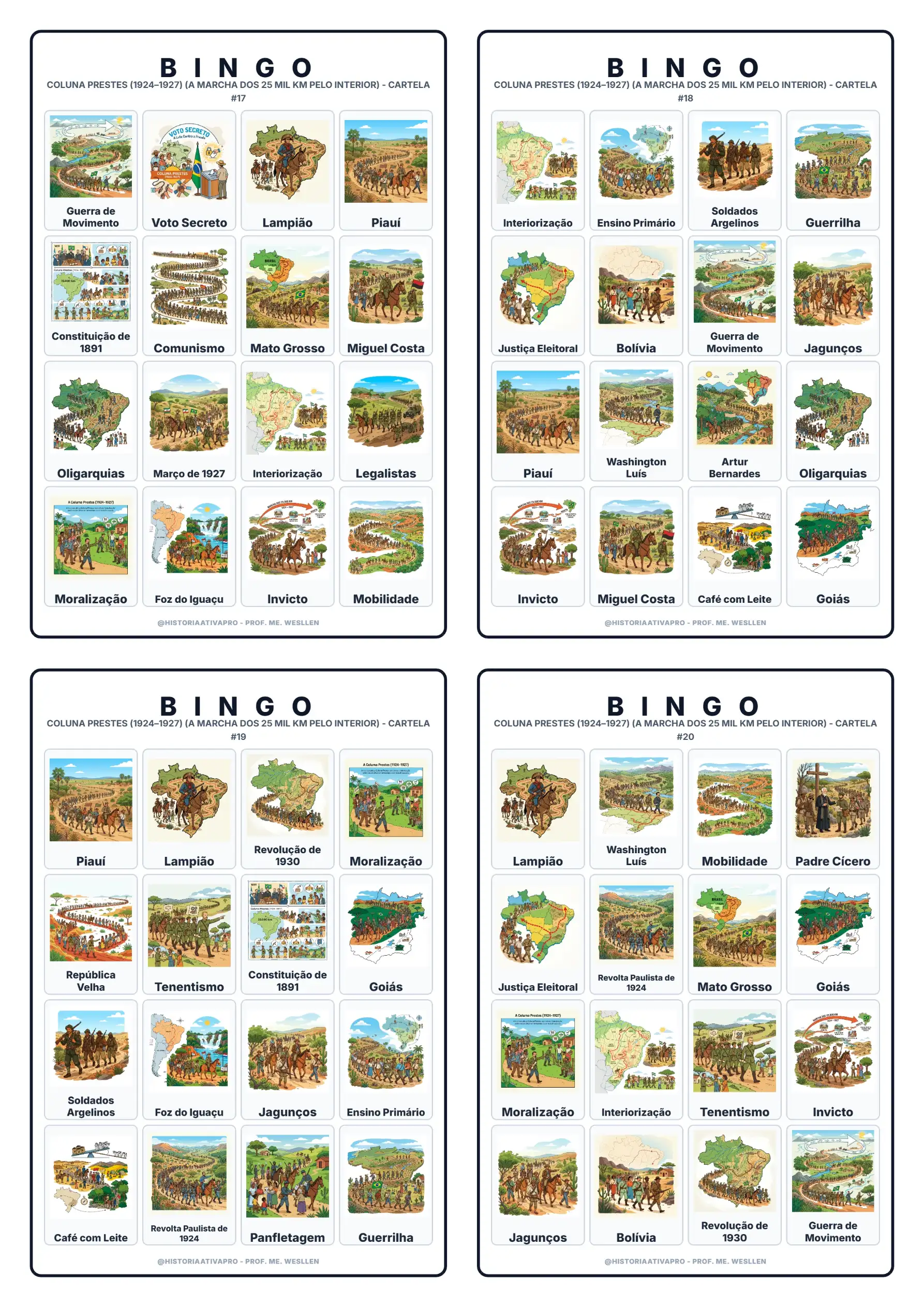 Bingo de História: Coluna Prestes - 9º Ano — amostra 7: Jogo de Bingo sobre a Coluna Prestes (1924–1927) e a Marcha dos 25…