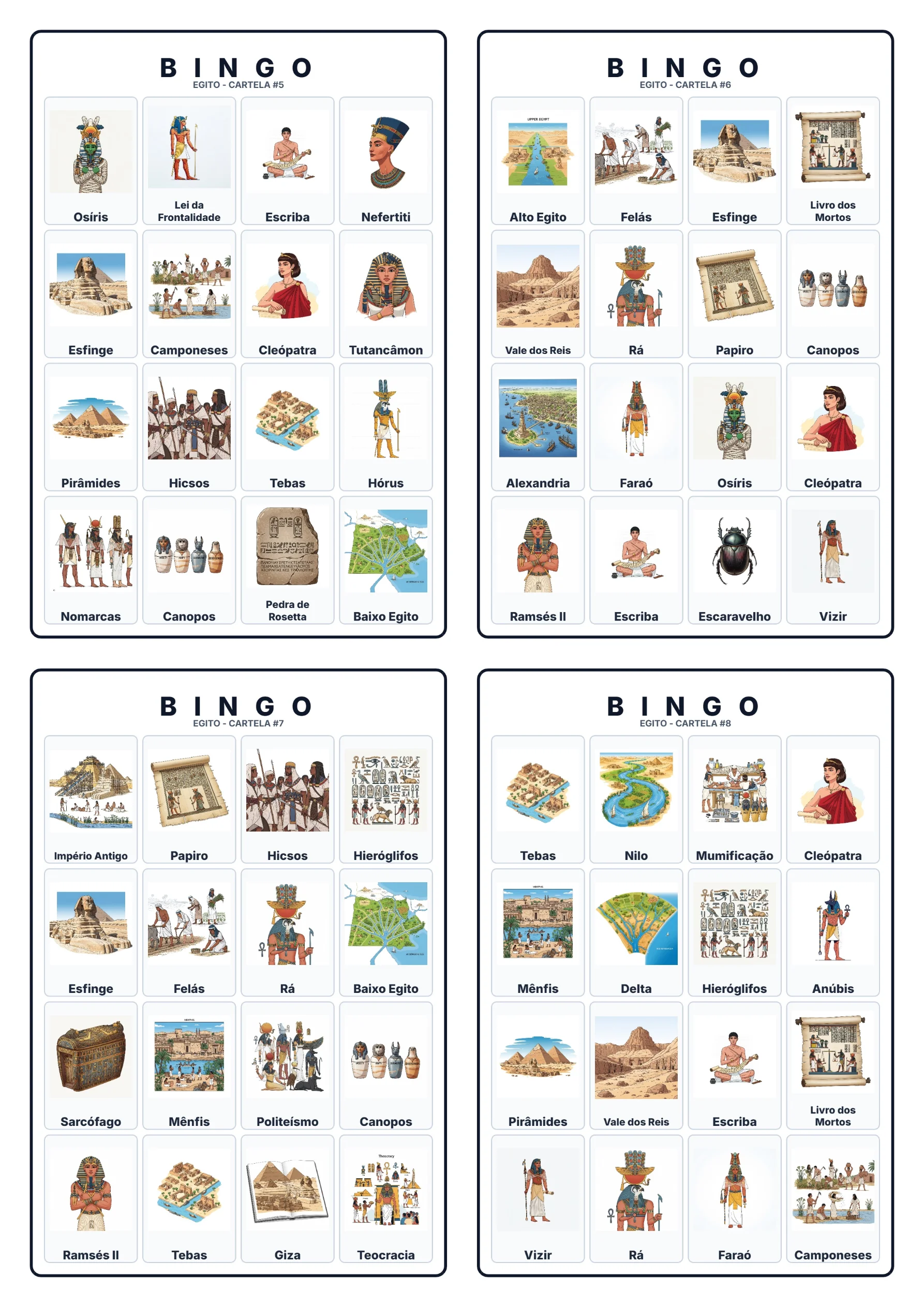 Bingo de História: Egito Antigo - 6º Ano — amostra 4: Jogo de Bingo sobre o Egito Antigo, Faraós e Pirâmides Bingo de História: Egito Antigo - 6º Ano — amostra 4: Jogo de Bingo sobre o Egito Antigo, Faraós e Pirâmides