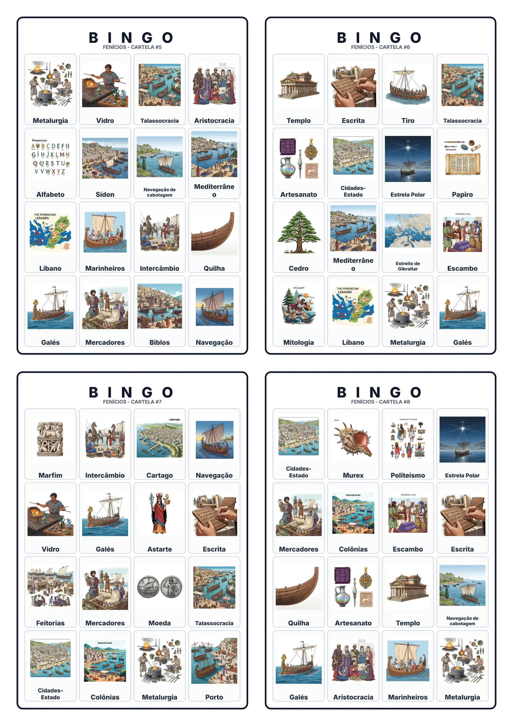 Bingo de História: Fenícios e o Alfabeto - 6º Ano — amostra 4: Jogo de Bingo sobre os Fenícios, comércio marítimo e o…