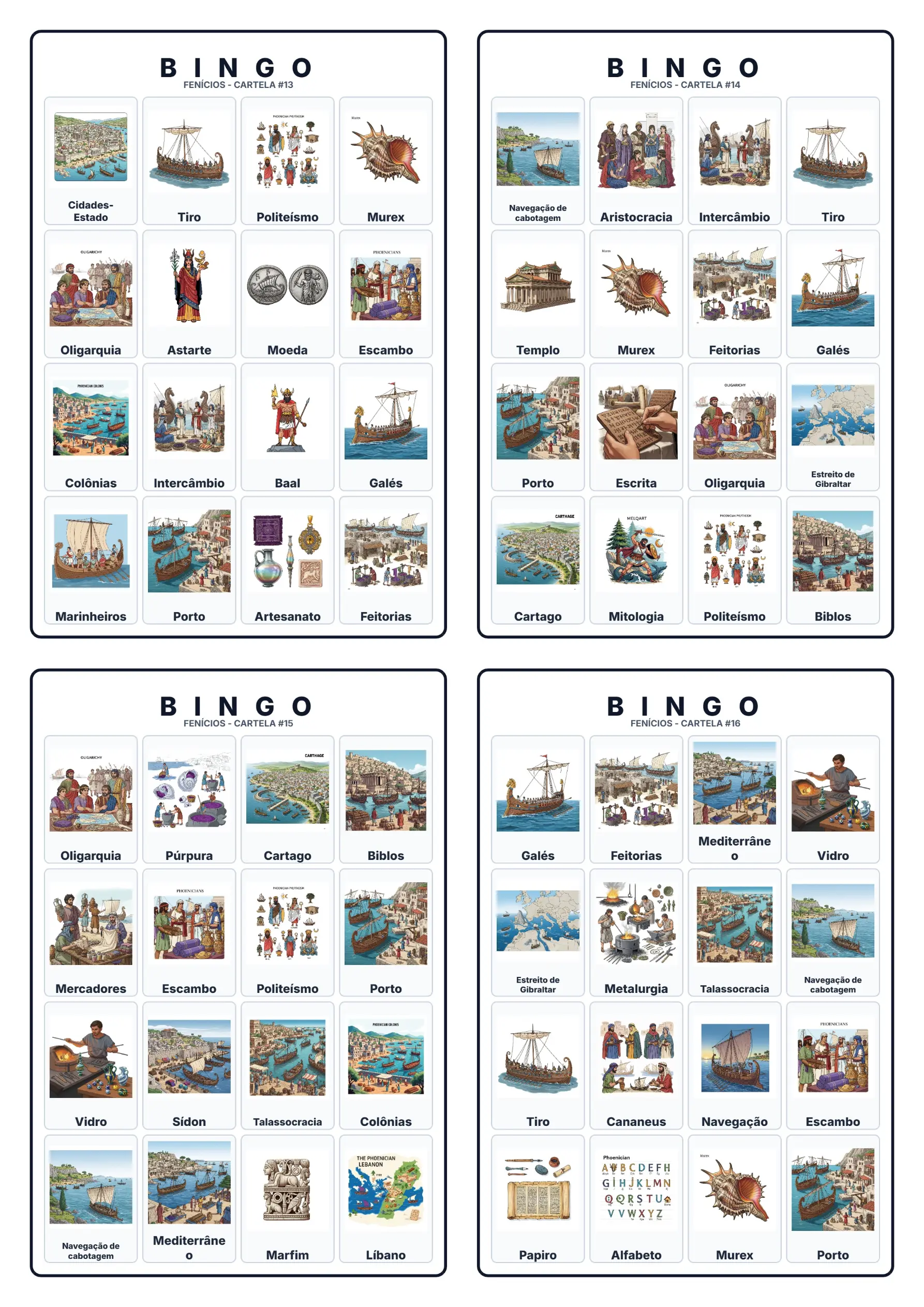Bingo de História: Fenícios e o Alfabeto - 6º Ano — amostra 6: Jogo de Bingo sobre os Fenícios, comércio marítimo e o…