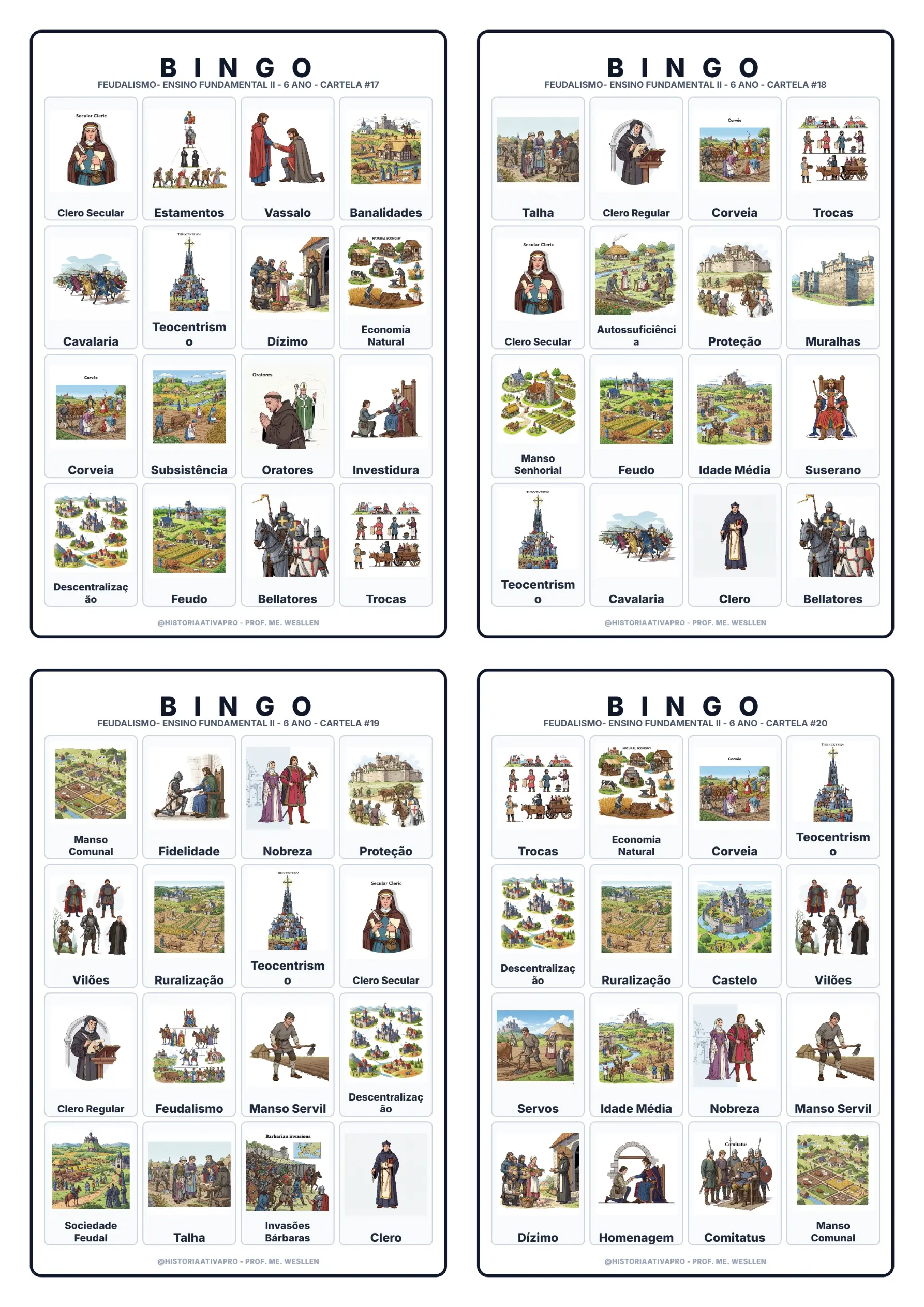 Bingo de História: Feudalismo - 7º Ano — amostra 1: Jogo de Bingo sobre o Feudalismo, sociedade estamental e economia…