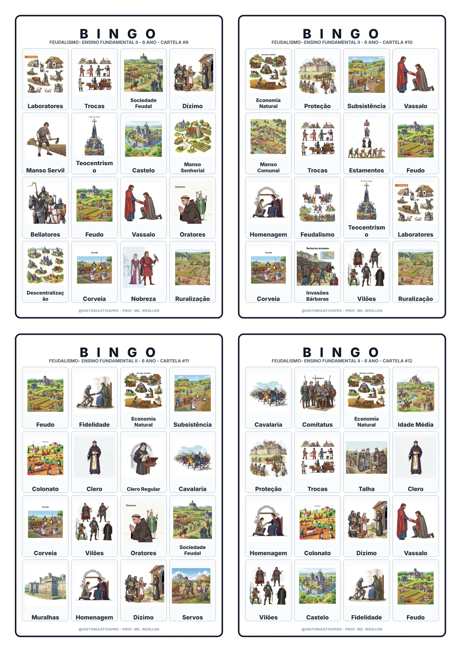 Bingo de História: Feudalismo - 7º Ano — amostra 3: Jogo de Bingo sobre o Feudalismo, sociedade estamental e economia…