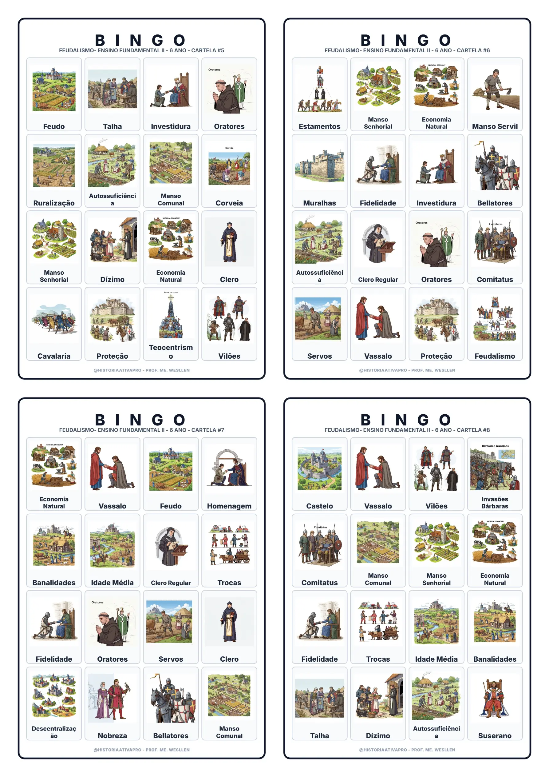 Bingo de História: Feudalismo - 7º Ano — amostra 4: Jogo de Bingo sobre o Feudalismo, sociedade estamental e economia…