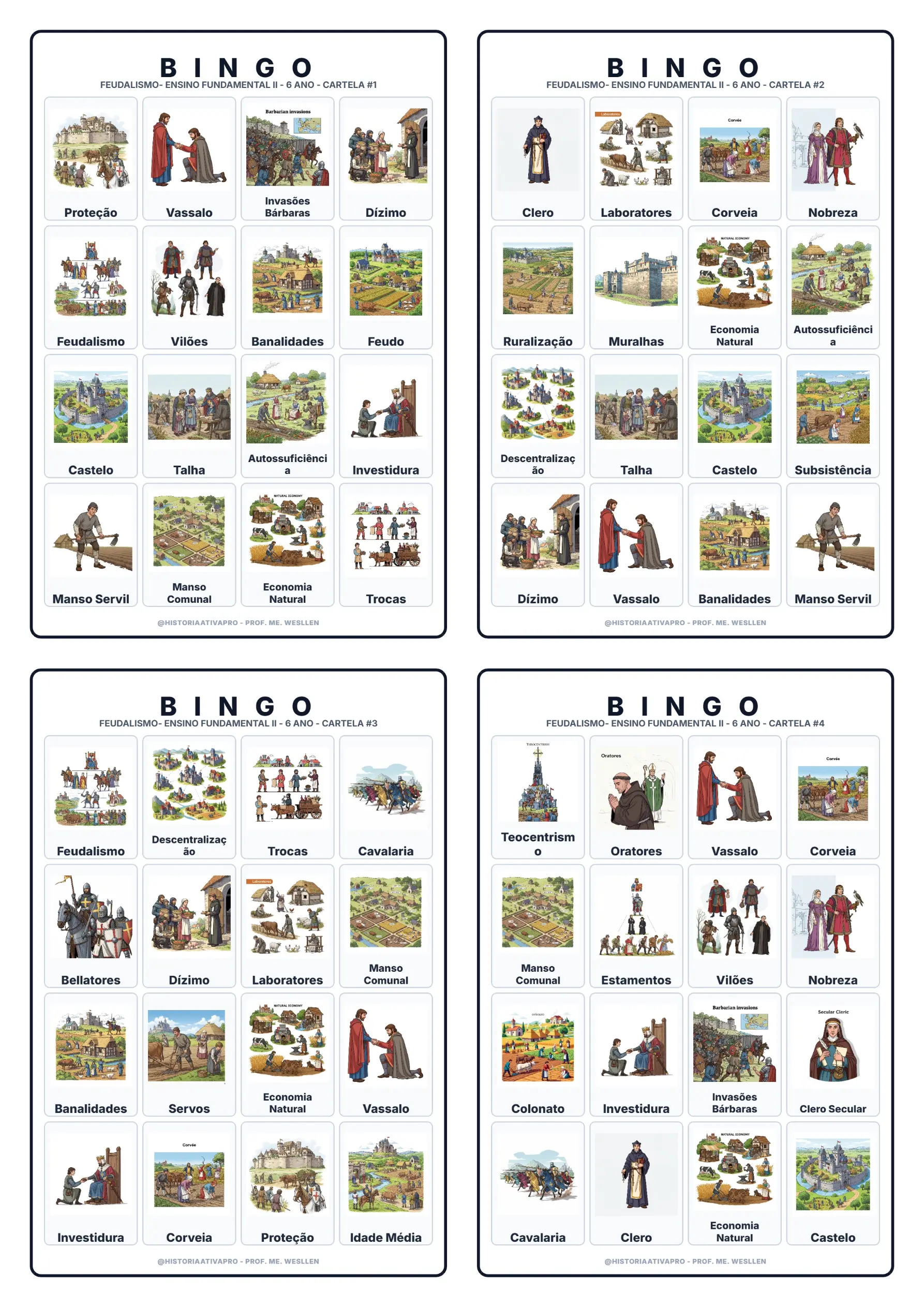 Bingo de História: Feudalismo - 7º Ano — amostra 5: Jogo de Bingo sobre o Feudalismo, sociedade estamental e economia…