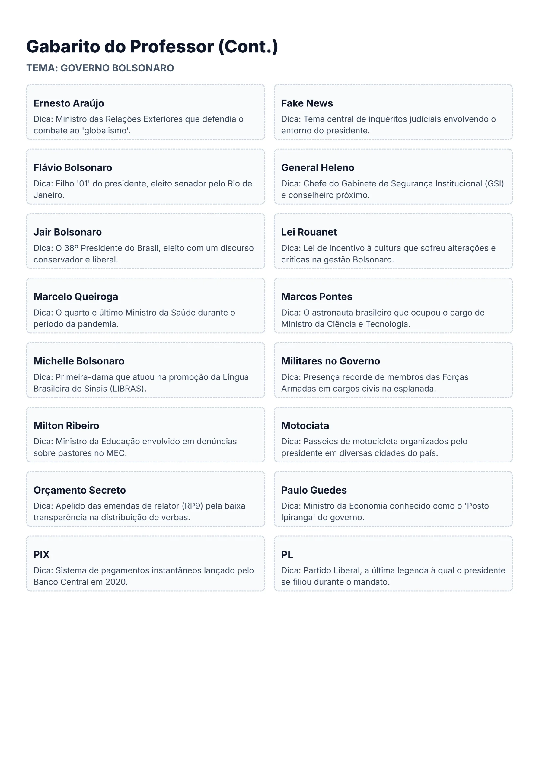 Bingo de História: Governo Bolsonaro - 9º Ano — amostra 6: Jogo de Bingo sobre o Governo Bolsonaro e a História do Brasil…