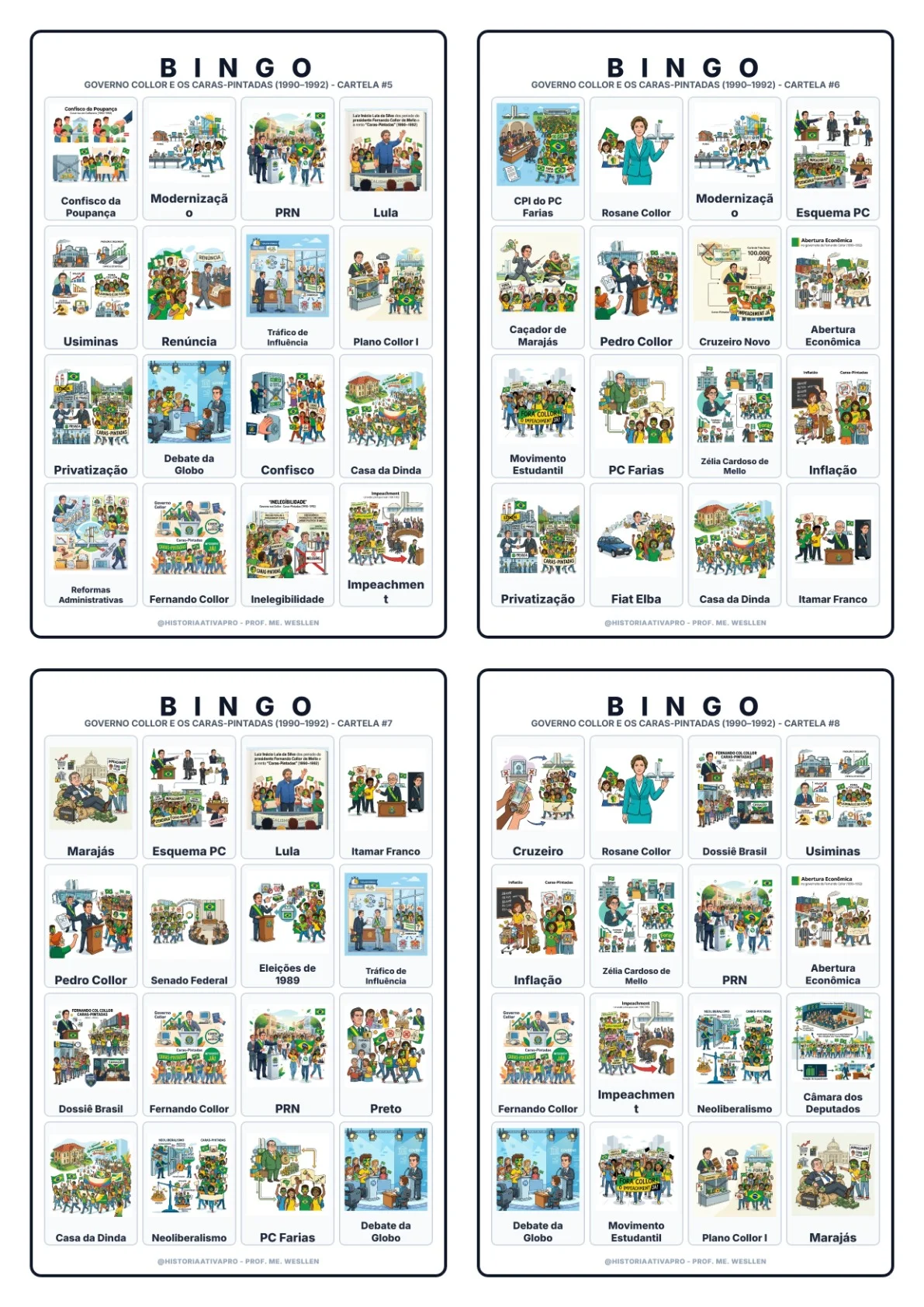 Bingo de História: Governo Collor e Caras-Pintadas - 9º Ano — amostra 4: Jogo de Bingo sobre o Governo Collor e os…