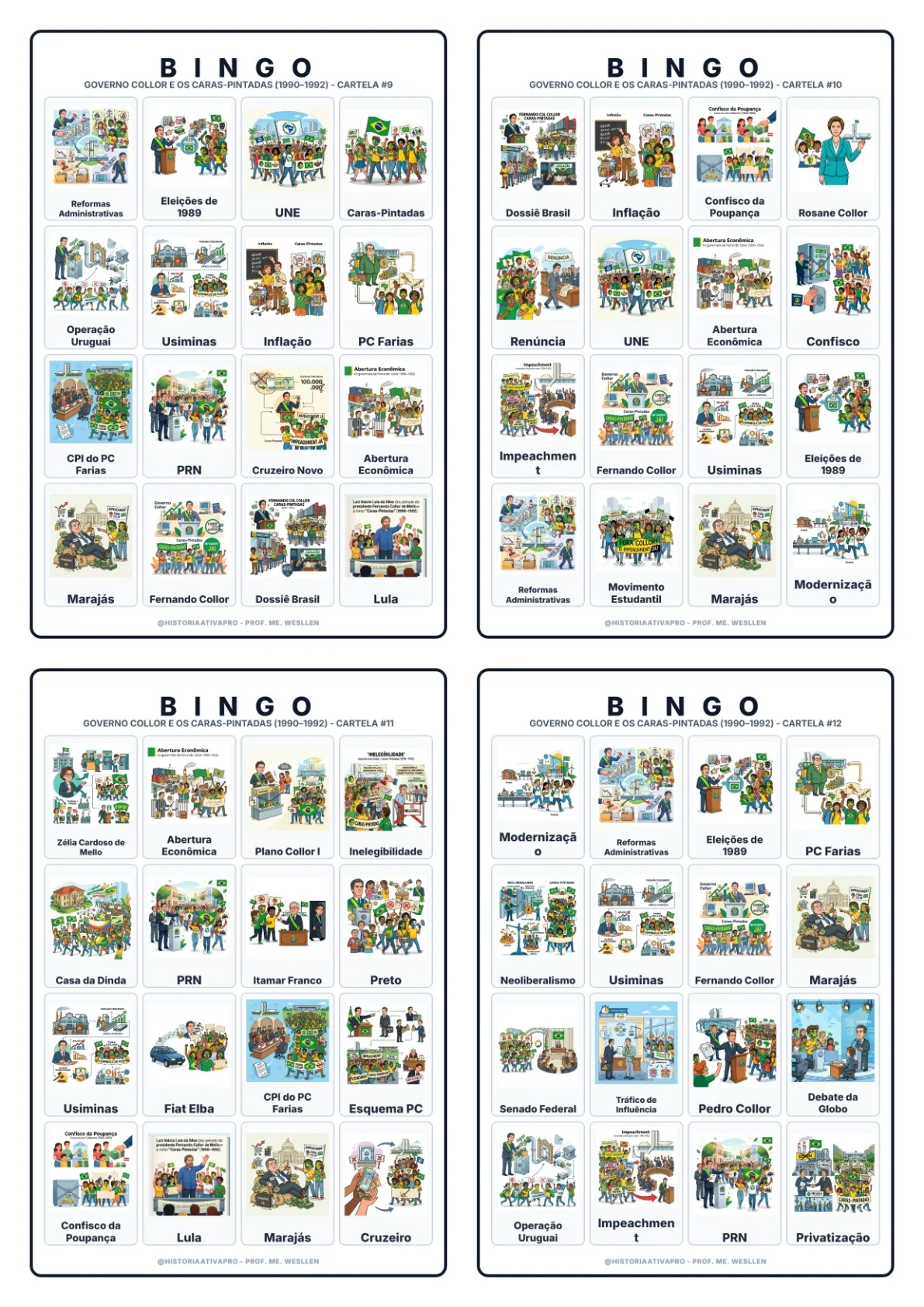 Bingo de História: Governo Collor e Caras-Pintadas - 9º Ano — amostra 5: Jogo de Bingo sobre o Governo Collor e os…