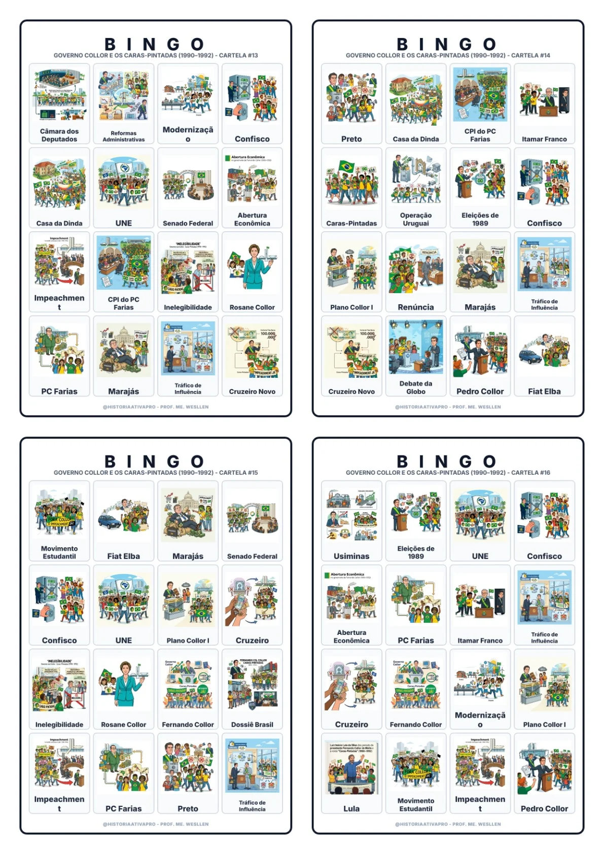 Bingo de História: Governo Collor e Caras-Pintadas - 9º Ano — amostra 6: Jogo de Bingo sobre o Governo Collor e os…