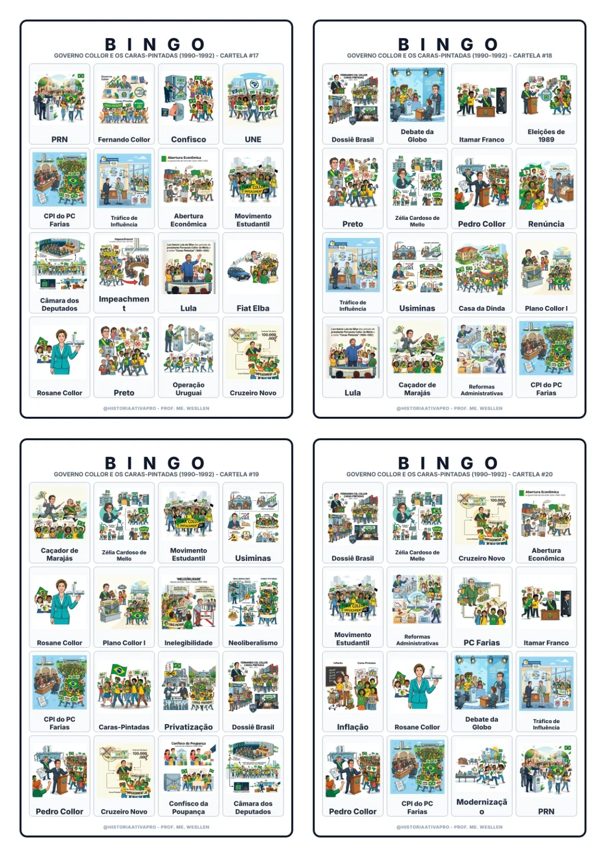Bingo de História: Governo Collor e Caras-Pintadas - 9º Ano — amostra 7: Jogo de Bingo sobre o Governo Collor e os…