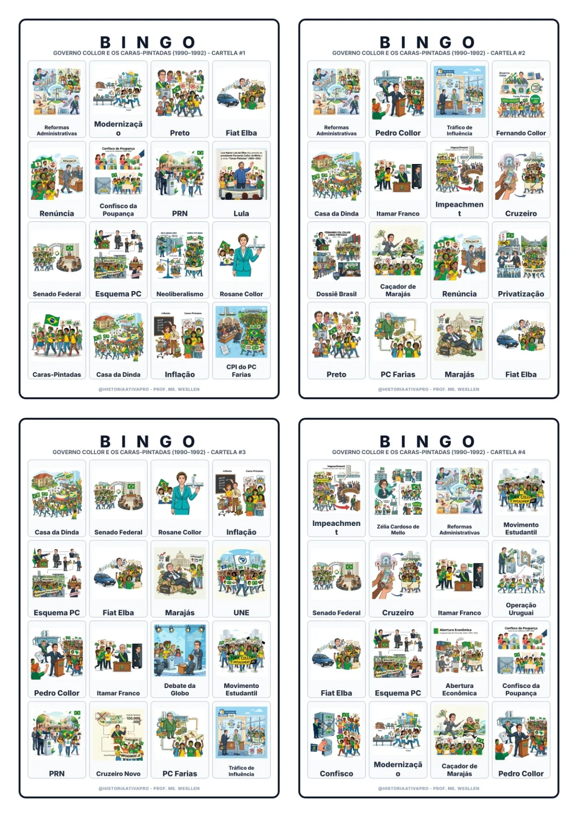 Bingo de História: Governo Collor e Caras-Pintadas - 9º Ano — Jogos pedagógicos para Fundamental II (6º–9º): Jogo de Bingo…