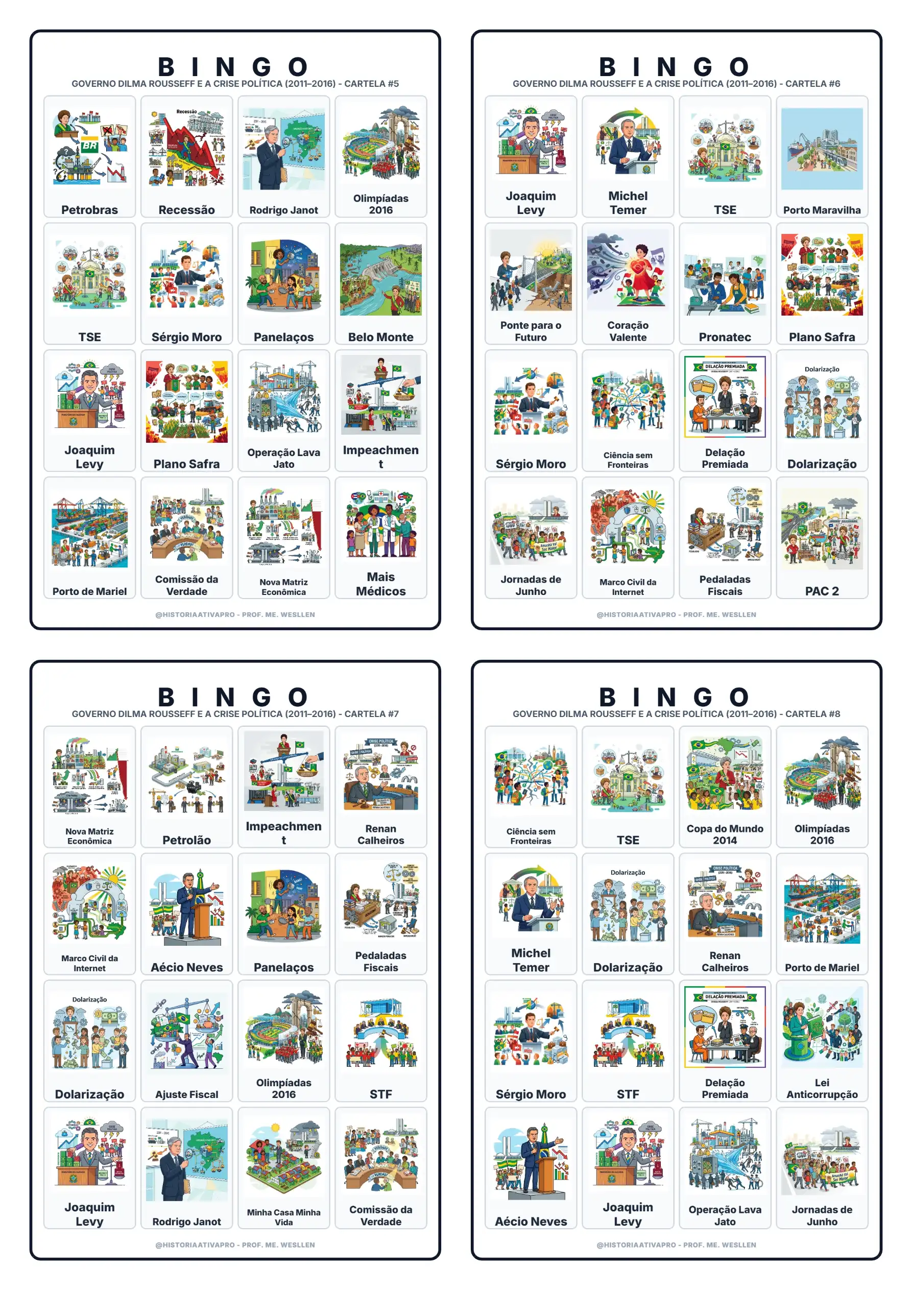 Bingo de História: Governo Dilma e Crise Política - 9º Ano — amostra 4: Jogo de Bingo sobre o Governo Dilma Rousseff e a…
