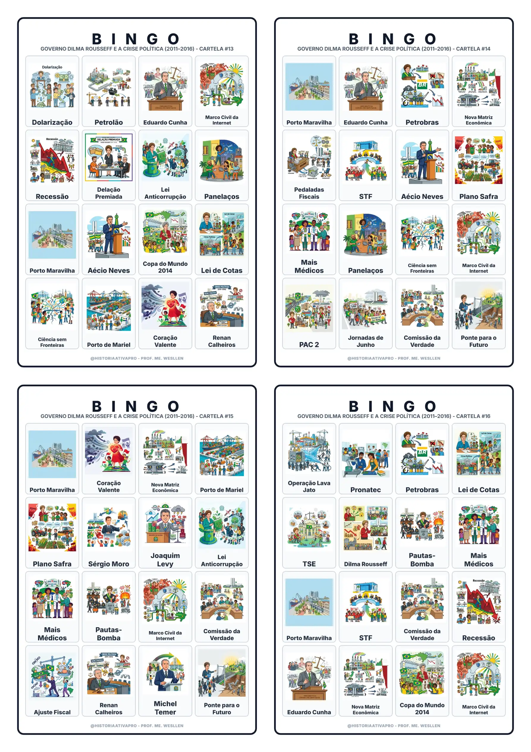 Bingo de História: Governo Dilma e Crise Política - 9º Ano — amostra 6: Jogo de Bingo sobre o Governo Dilma Rousseff e a…