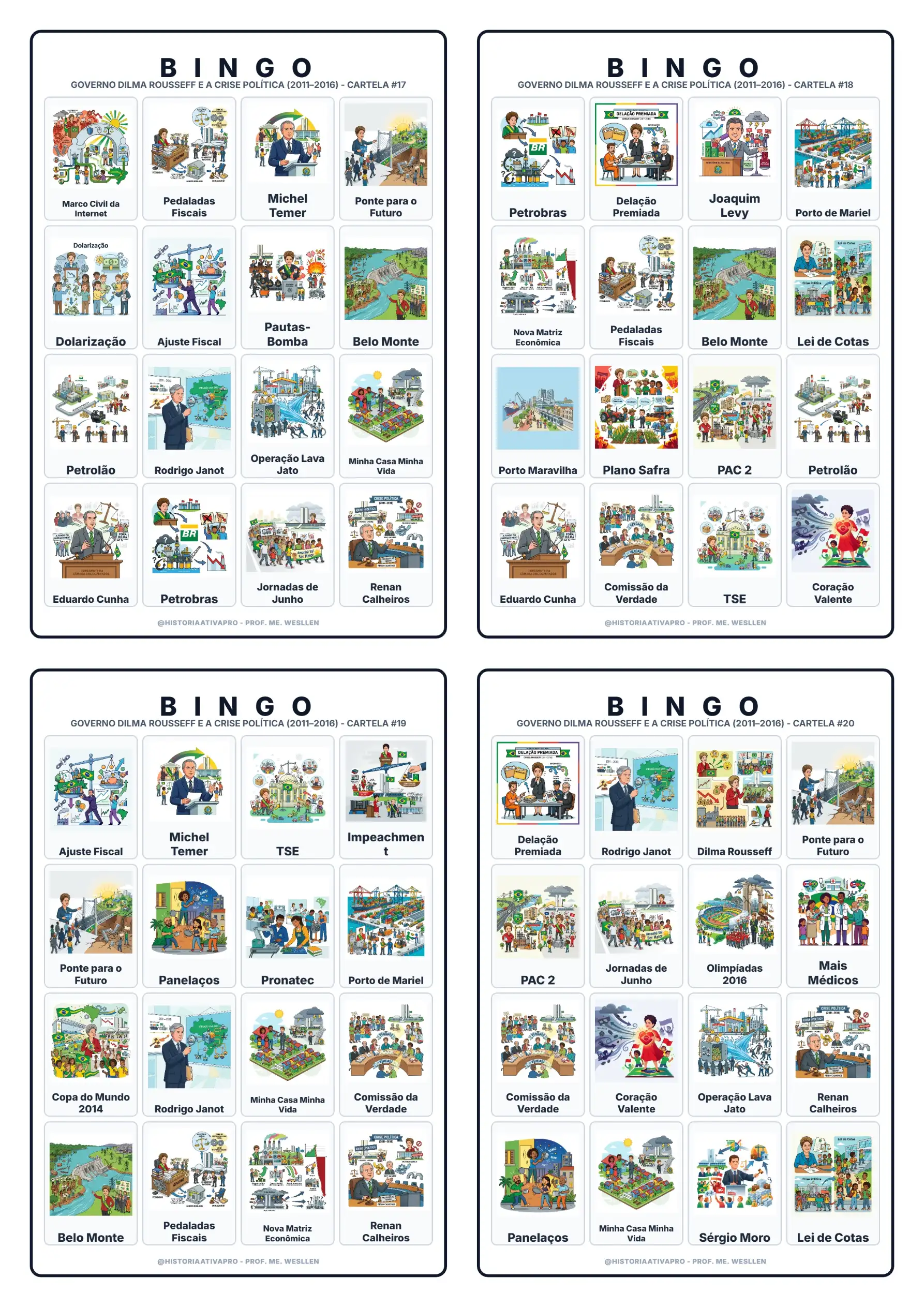 Bingo de História: Governo Dilma e Crise Política - 9º Ano — amostra 7: Jogo de Bingo sobre o Governo Dilma Rousseff e a…