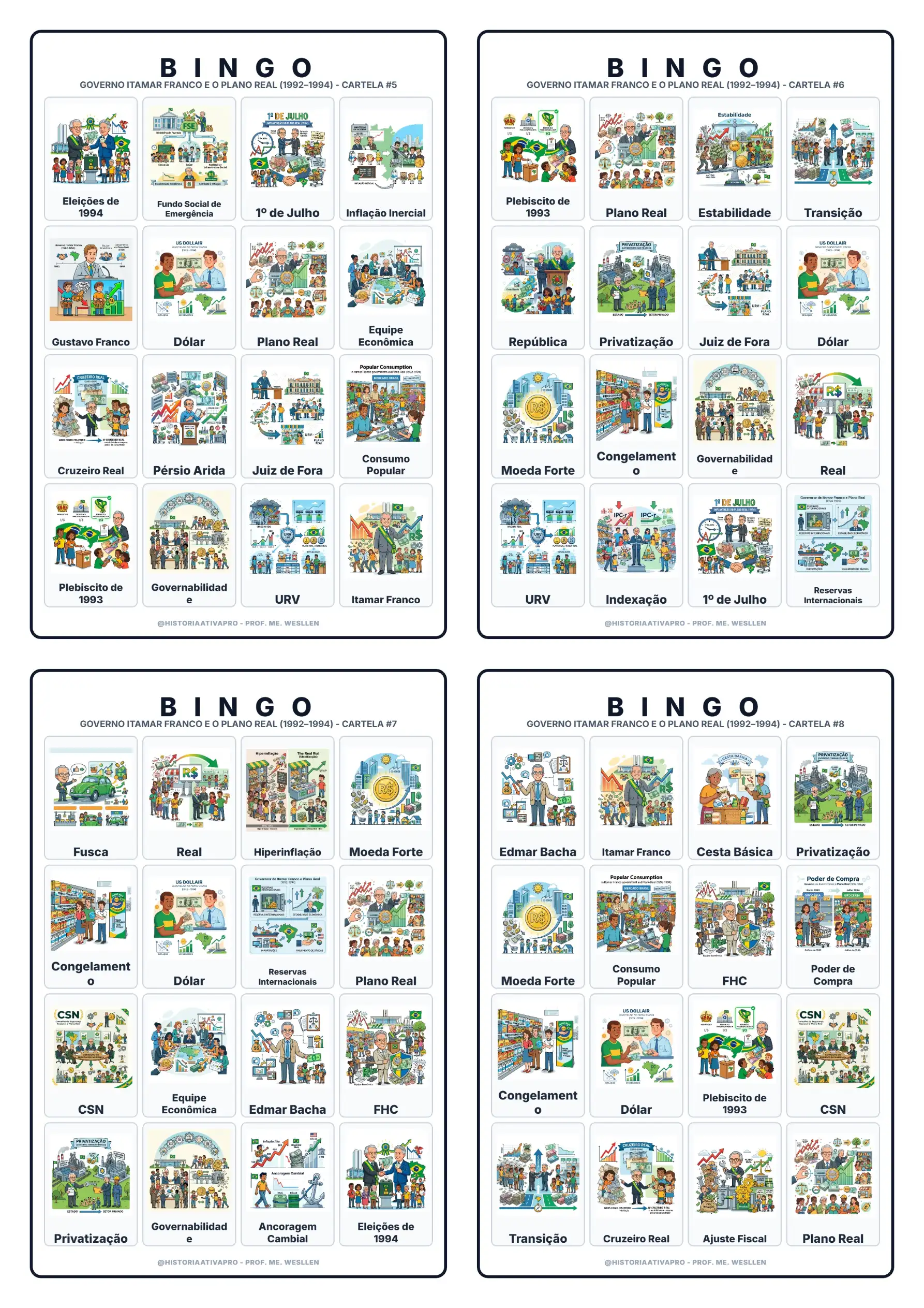 Bingo de História: Governo Itamar e Plano Real - 9º Ano — amostra 4: Jogo de Bingo sobre o Governo Itamar Franco e o Plano…