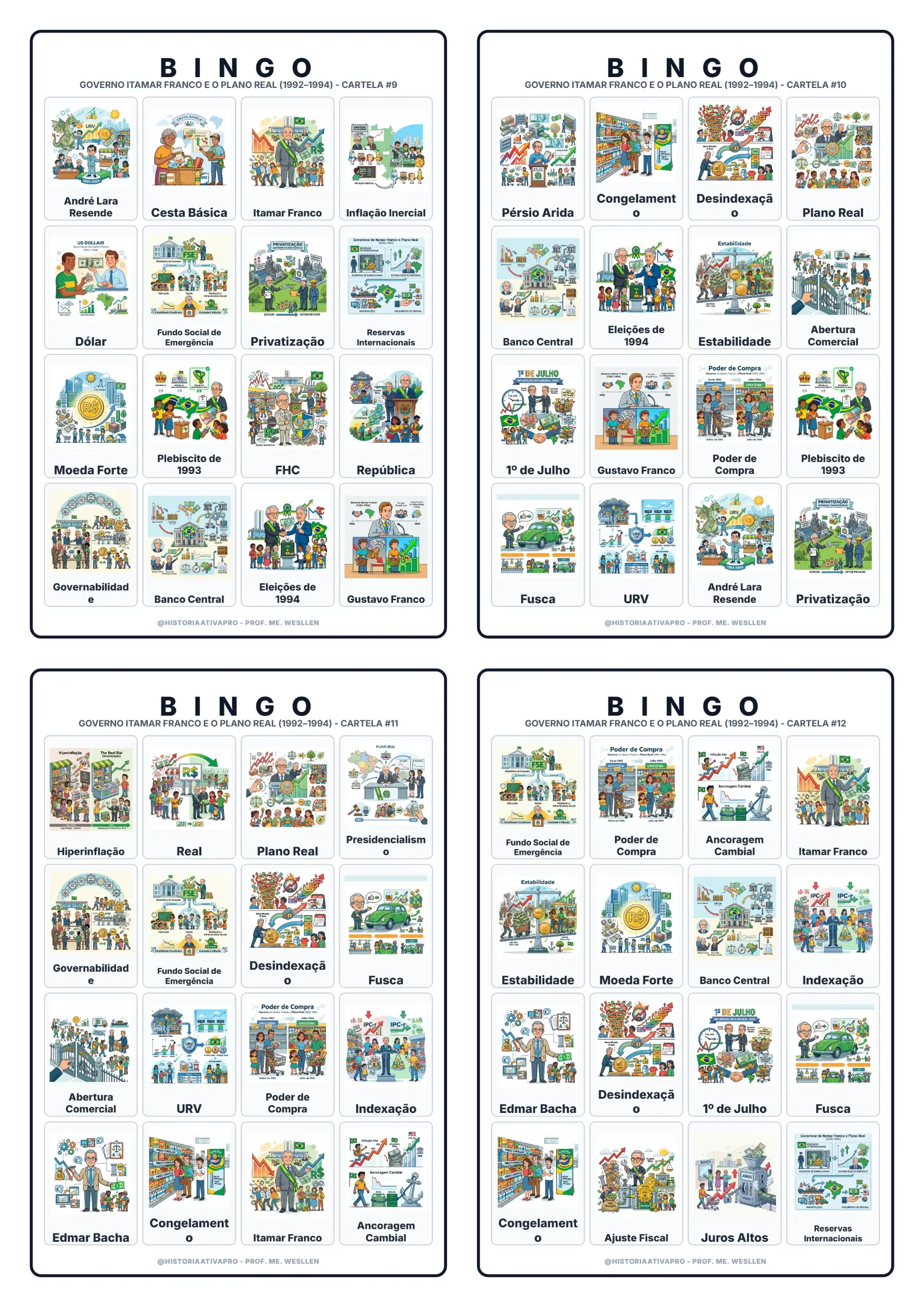 Bingo de História: Governo Itamar e Plano Real - 9º Ano — amostra 5: Jogo de Bingo sobre o Governo Itamar Franco e o Plano…