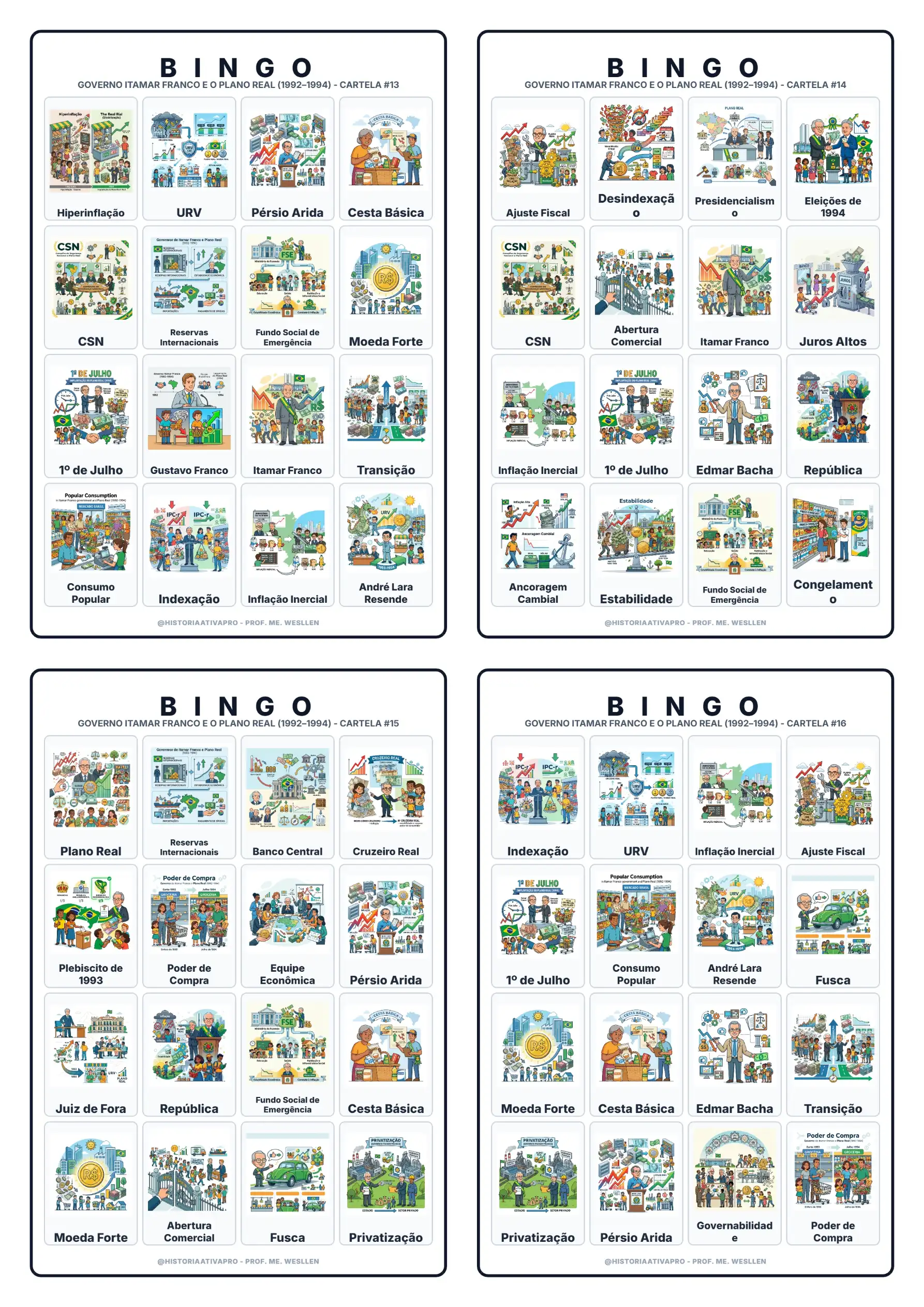 Bingo de História: Governo Itamar e Plano Real - 9º Ano — amostra 6: Jogo de Bingo sobre o Governo Itamar Franco e o Plano…