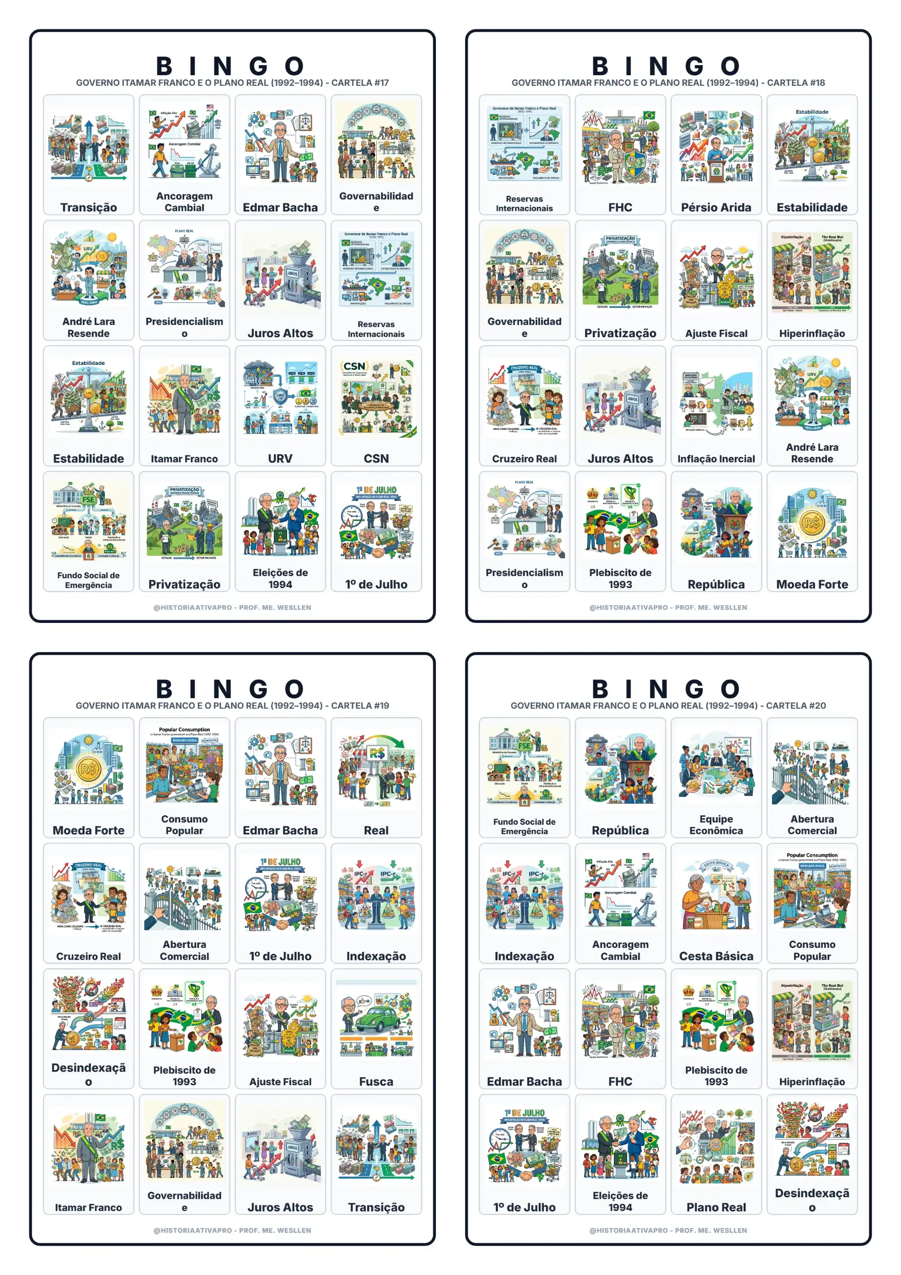 Bingo de História: Governo Itamar e Plano Real - 9º Ano — amostra 7: Jogo de Bingo sobre o Governo Itamar Franco e o Plano…