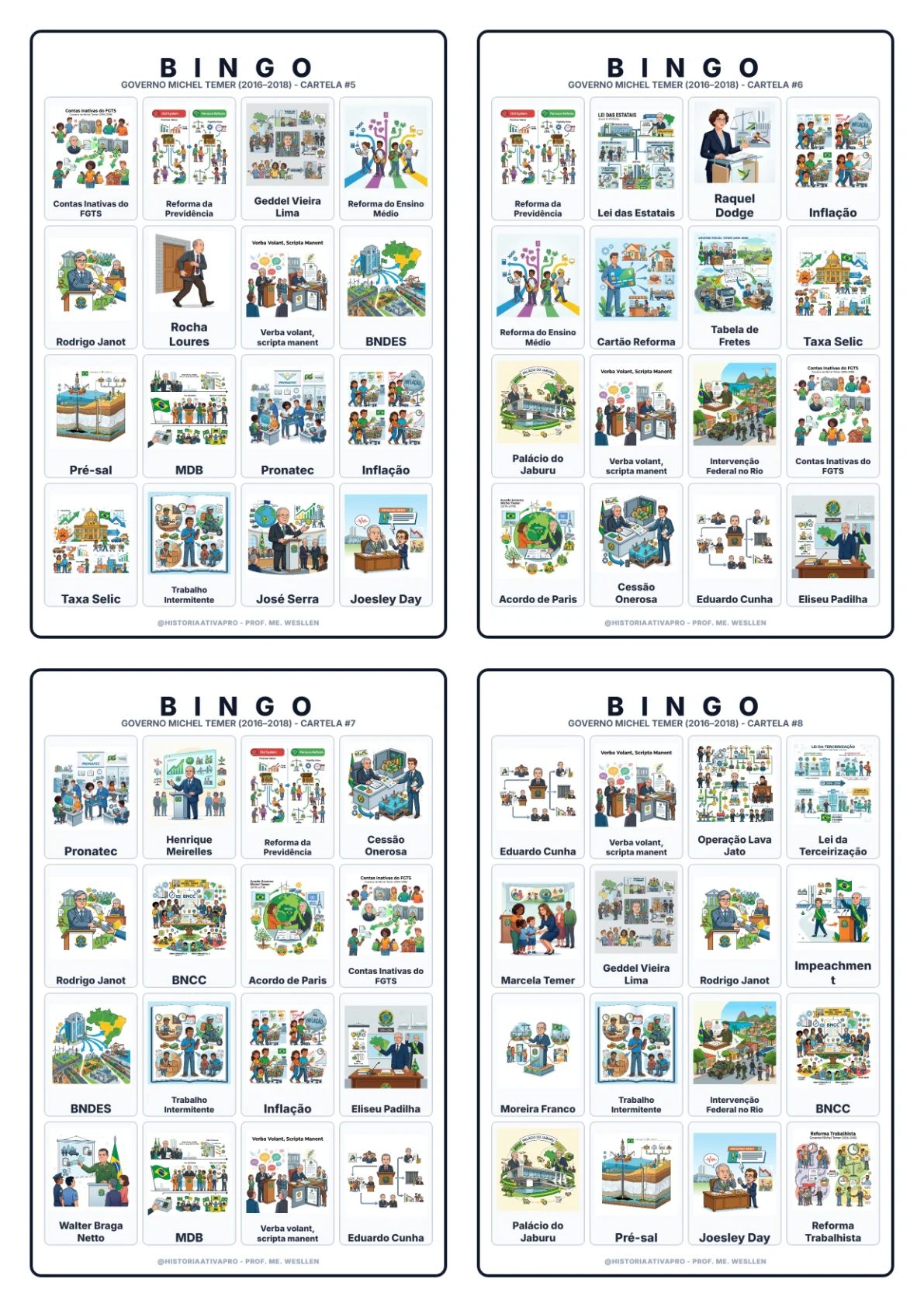 Bingo de História: Governo Michel Temer - 9º Ano — amostra 4: Jogo de Bingo sobre o Governo Michel Temer e as Reformas…