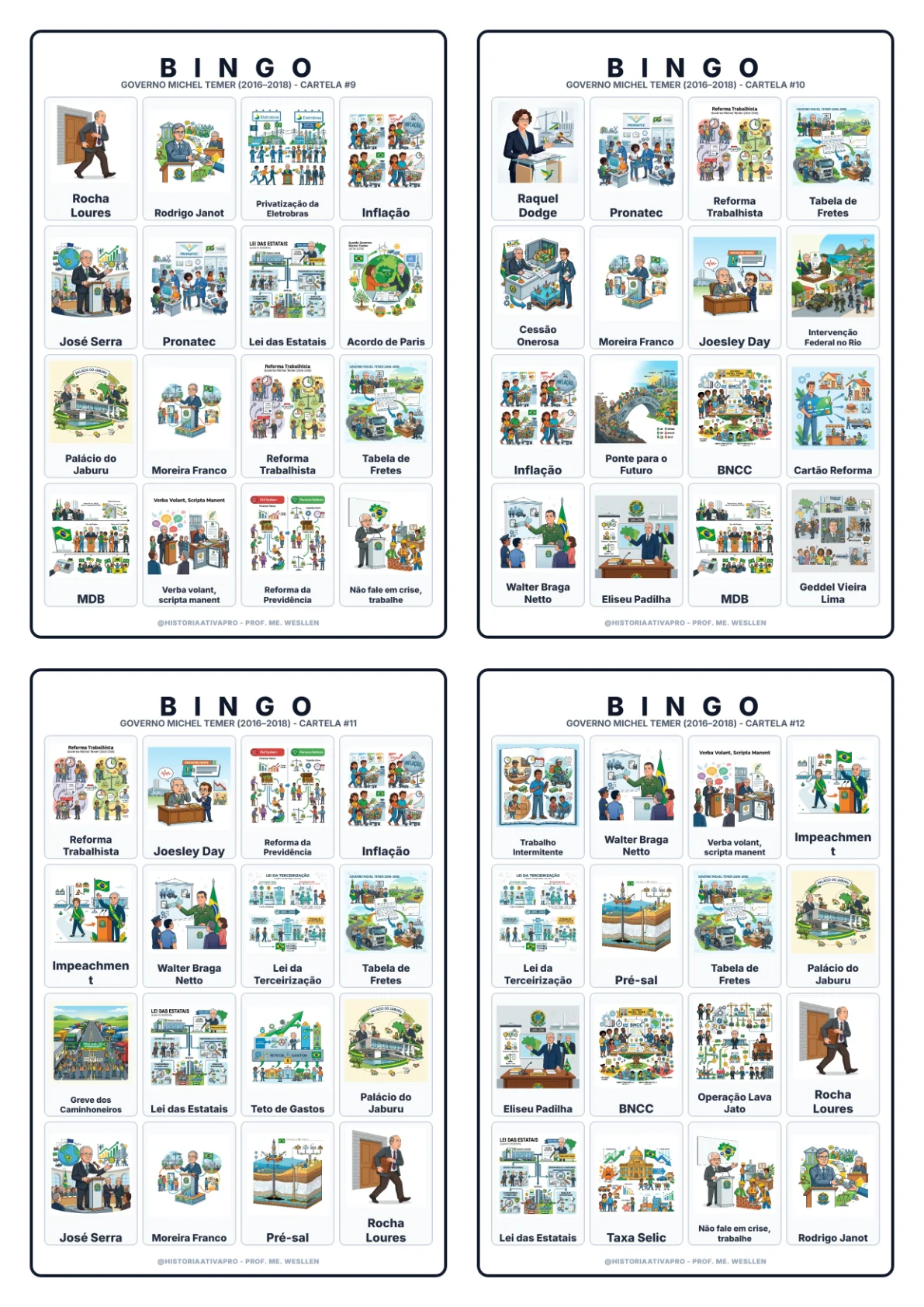 Bingo de História: Governo Michel Temer - 9º Ano — amostra 5: Jogo de Bingo sobre o Governo Michel Temer e as Reformas…