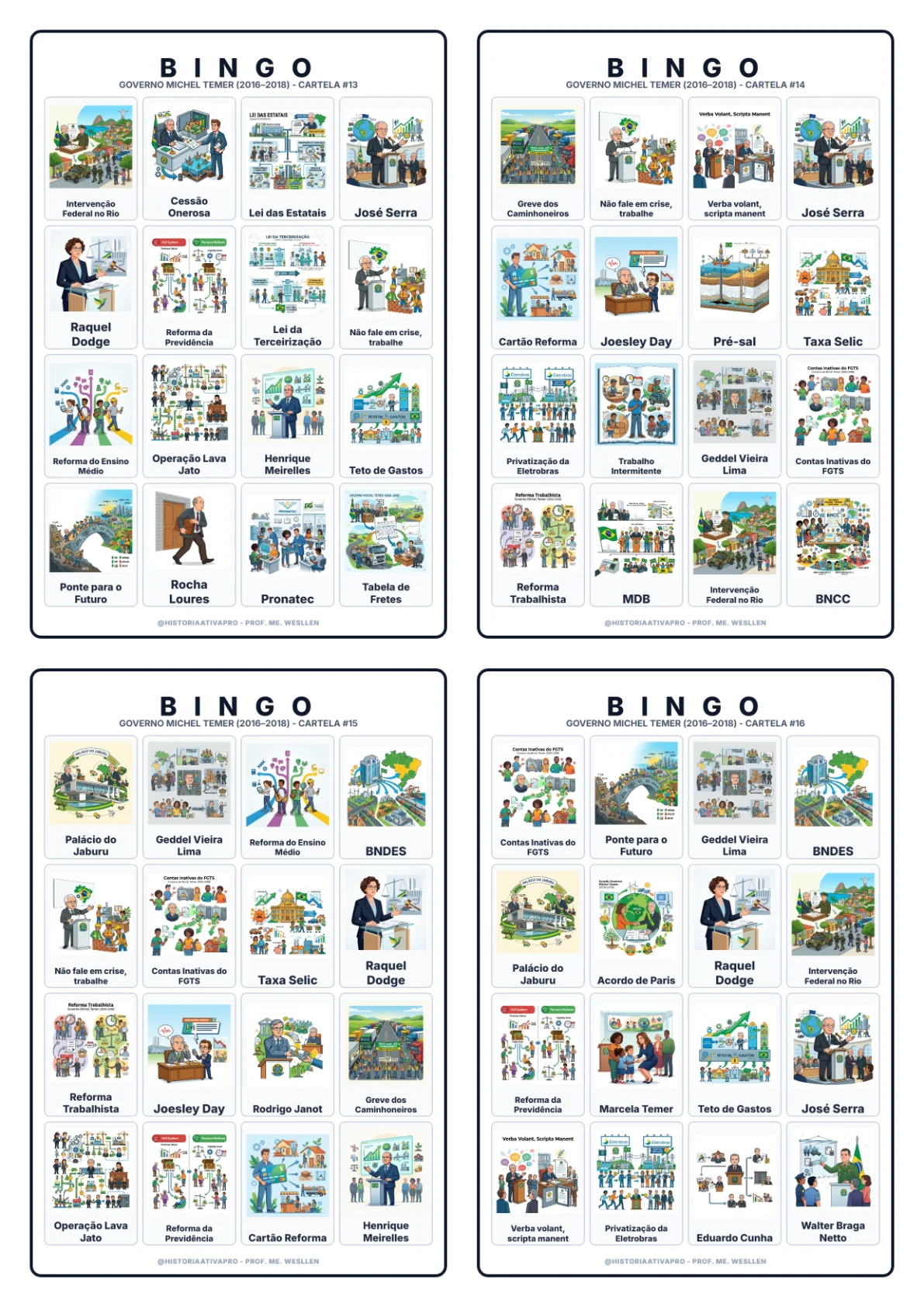 Bingo de História: Governo Michel Temer - 9º Ano — amostra 6: Jogo de Bingo sobre o Governo Michel Temer e as Reformas…