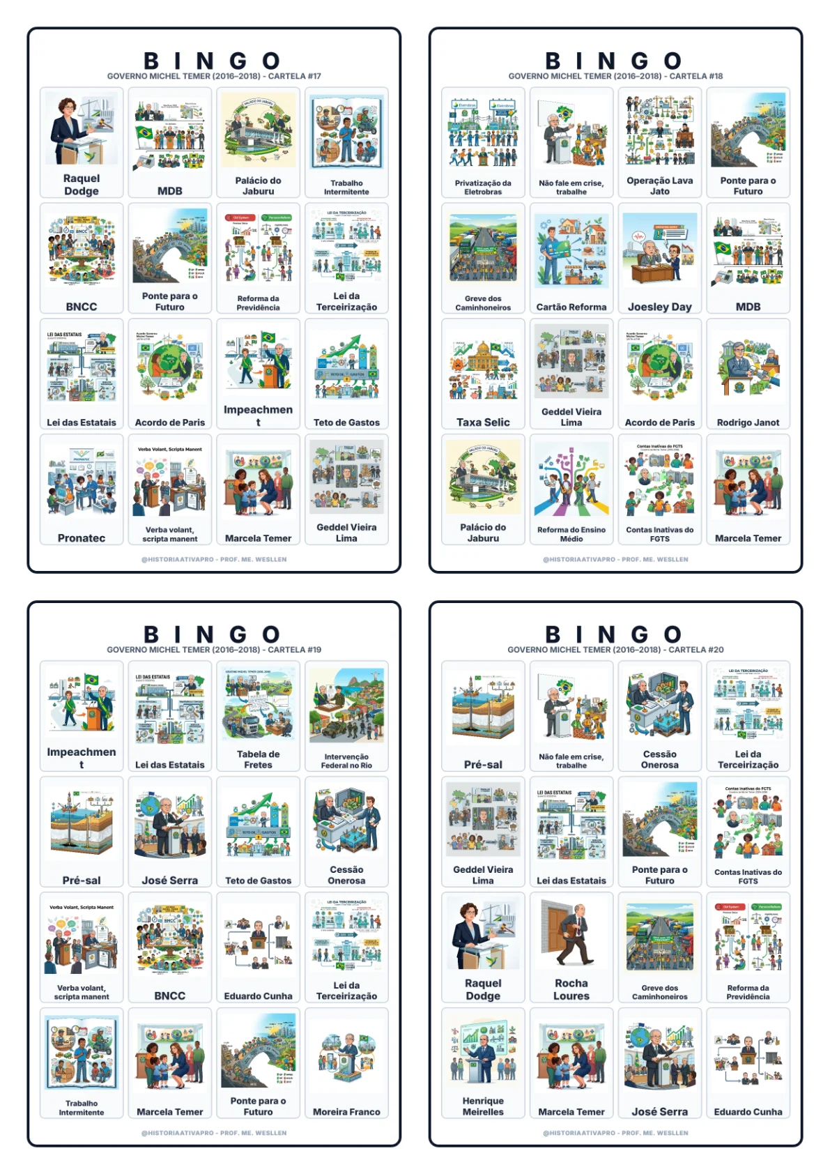 Bingo de História: Governo Michel Temer - 9º Ano — amostra 7: Jogo de Bingo sobre o Governo Michel Temer e as Reformas…