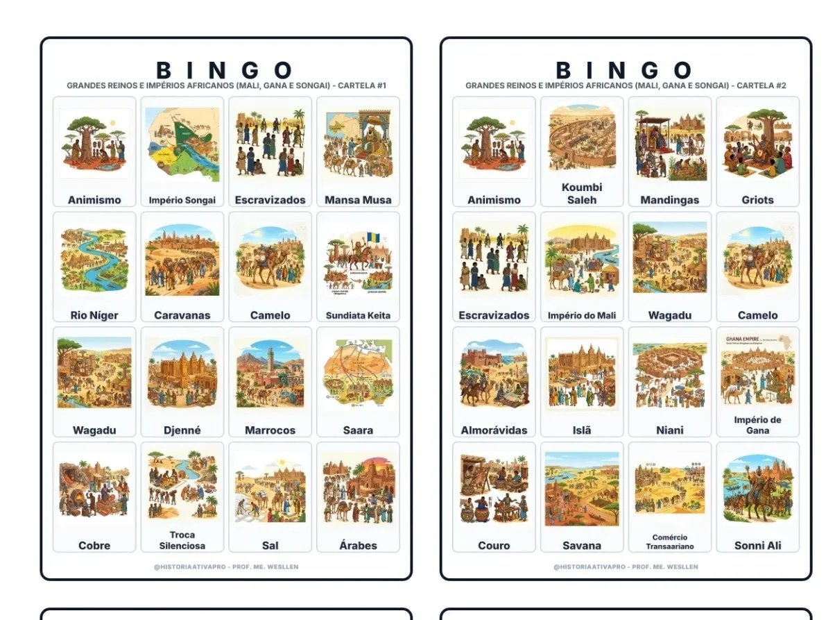 Bingo de História: Grandes Reinos e Impérios Africanos - Mali, Gana e Songai — amostra 3: Jogo de Bingo sobre os Grandes…