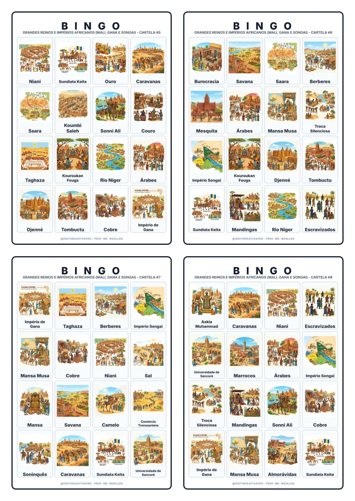Bingo de História: Grandes Reinos e Impérios Africanos - Mali, Gana e Songai — amostra 4: Jogo de Bingo sobre os Grandes…