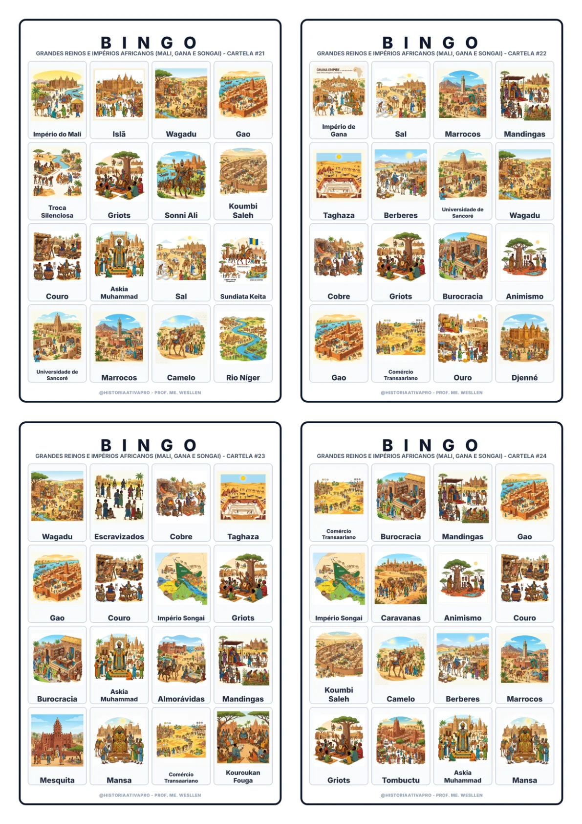 Bingo de História: Grandes Reinos e Impérios Africanos - Mali, Gana e Songai — amostra 7: Jogo de Bingo sobre os Grandes…