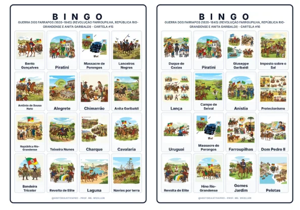 Bingo de História: Guerra dos Farrapos - 8º Ano — amostra 2: Jogo de Bingo sobre a Guerra dos Farrapos (1835–1845) e Anita…