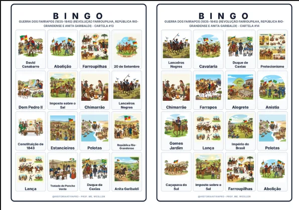 Bingo de História: Guerra dos Farrapos - 8º Ano — amostra 3: Jogo de Bingo sobre a Guerra dos Farrapos (1835–1845) e Anita…