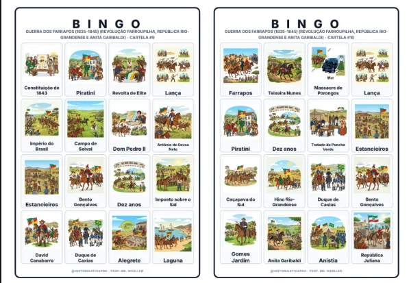 Bingo de História: Guerra dos Farrapos - 8º Ano — amostra 4: Jogo de Bingo sobre a Guerra dos Farrapos (1835–1845) e Anita…