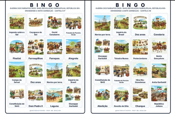 Bingo de História: Guerra dos Farrapos - 8º Ano — amostra 5: Jogo de Bingo sobre a Guerra dos Farrapos (1835–1845) e Anita…