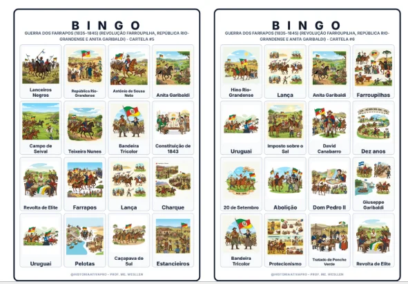 Bingo de História: Guerra dos Farrapos - 8º Ano — amostra 6: Jogo de Bingo sobre a Guerra dos Farrapos (1835–1845) e Anita…