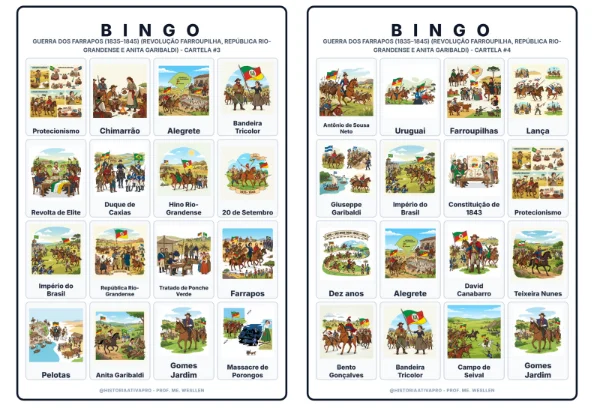 Bingo de História: Guerra dos Farrapos - 8º Ano — amostra 7: Jogo de Bingo sobre a Guerra dos Farrapos (1835–1845) e Anita…