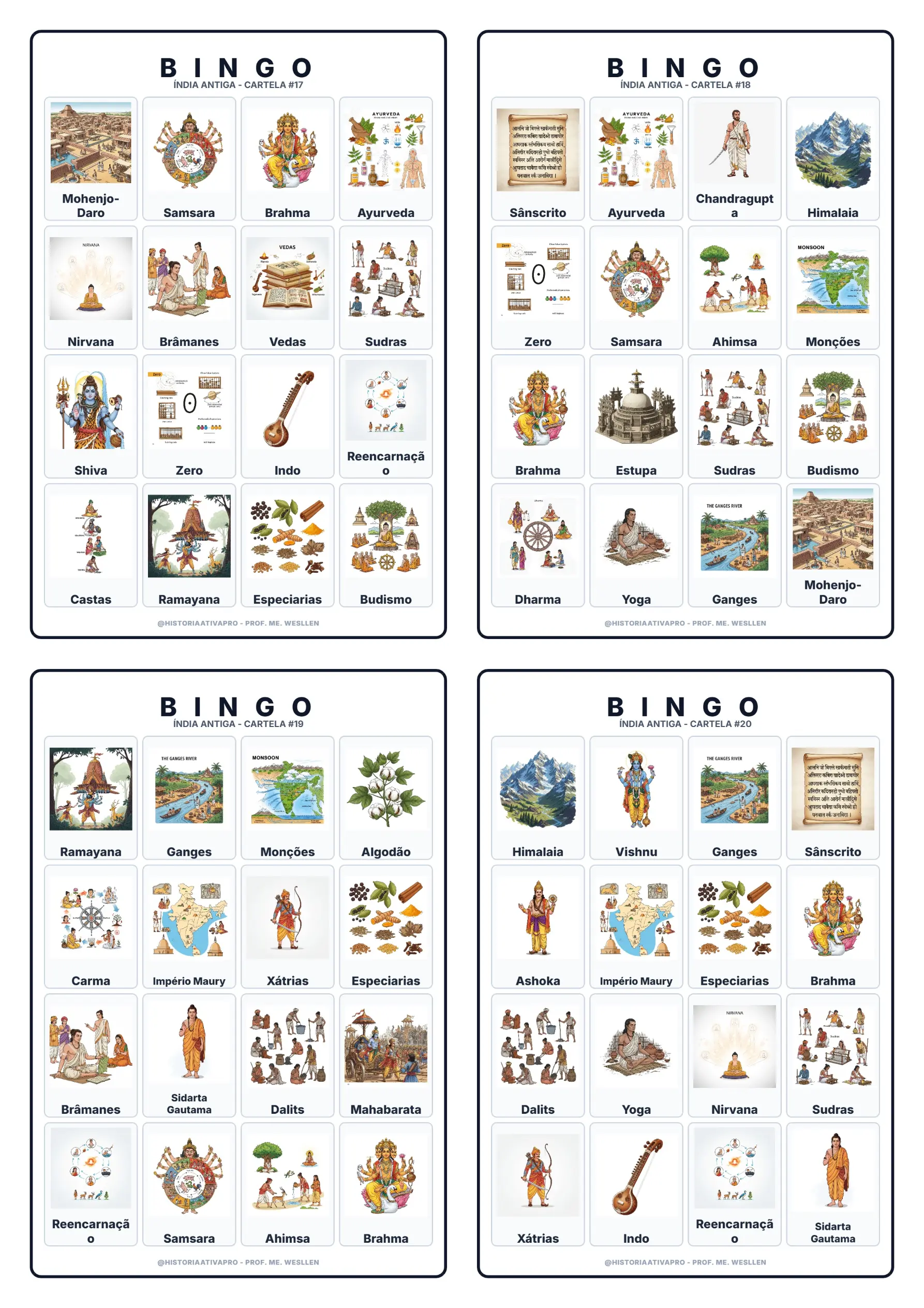 Bingo de História: Índia Antiga - 6º Ano — amostra 1: Jogo de Bingo sobre a Índia Antiga, Vale do Indo e sistema de castas