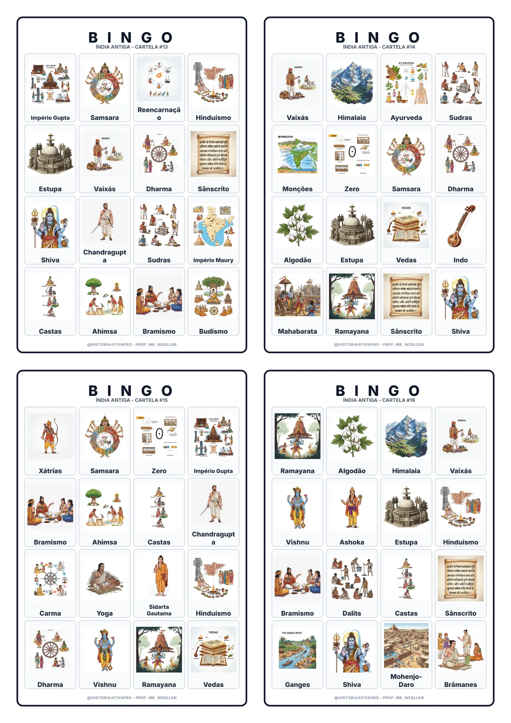 Bingo de História: Índia Antiga - 6º Ano — amostra 2: Jogo de Bingo sobre a Índia Antiga, Vale do Indo e sistema de castas