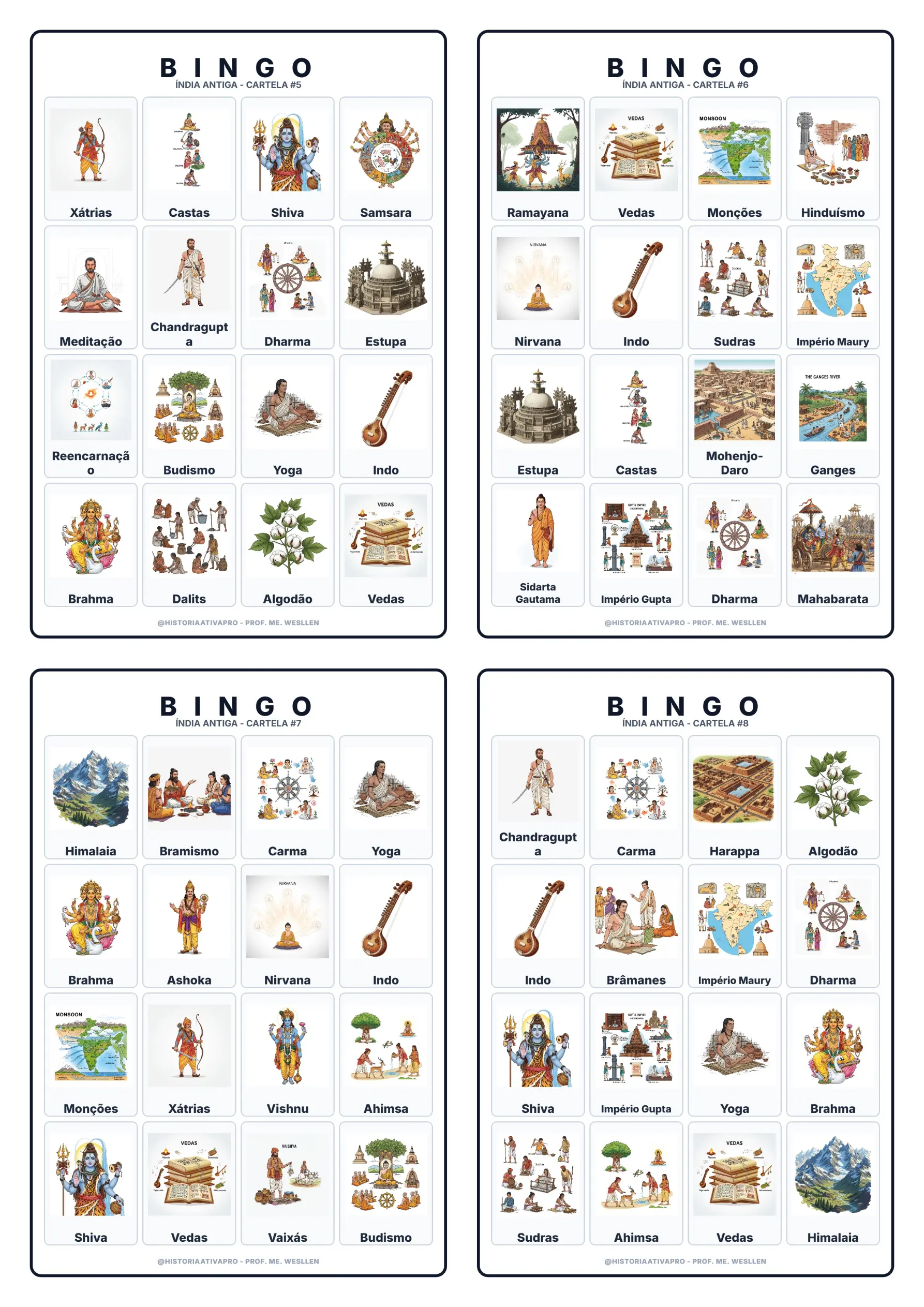 Bingo de História: Índia Antiga - 6º Ano — amostra 4: Jogo de Bingo sobre a Índia Antiga, Vale do Indo e sistema de castas