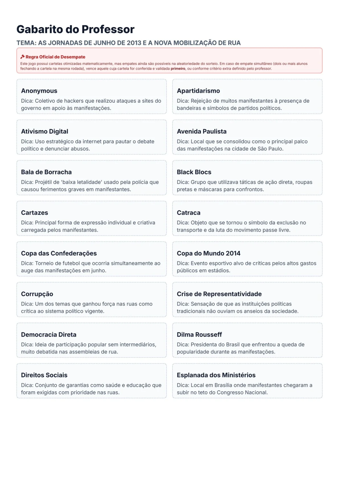 Bingo de História: Jornadas de Junho de 2013 - 9º Ano — amostra 1: O que é o material? O Bingo de História: As Jornadas de…