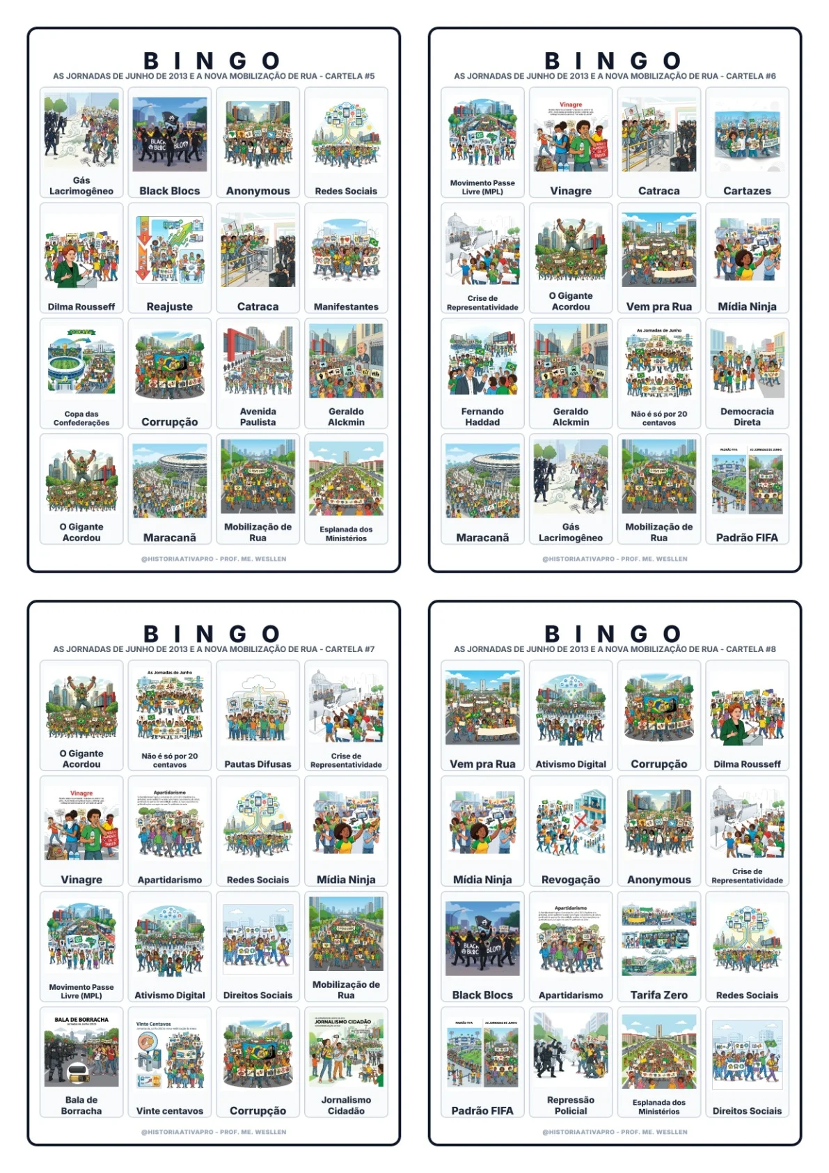 Bingo de História: Jornadas de Junho de 2013 - 9º Ano — amostra 4: Jogo de Bingo sobre as Jornadas de Junho de 2013 e as…