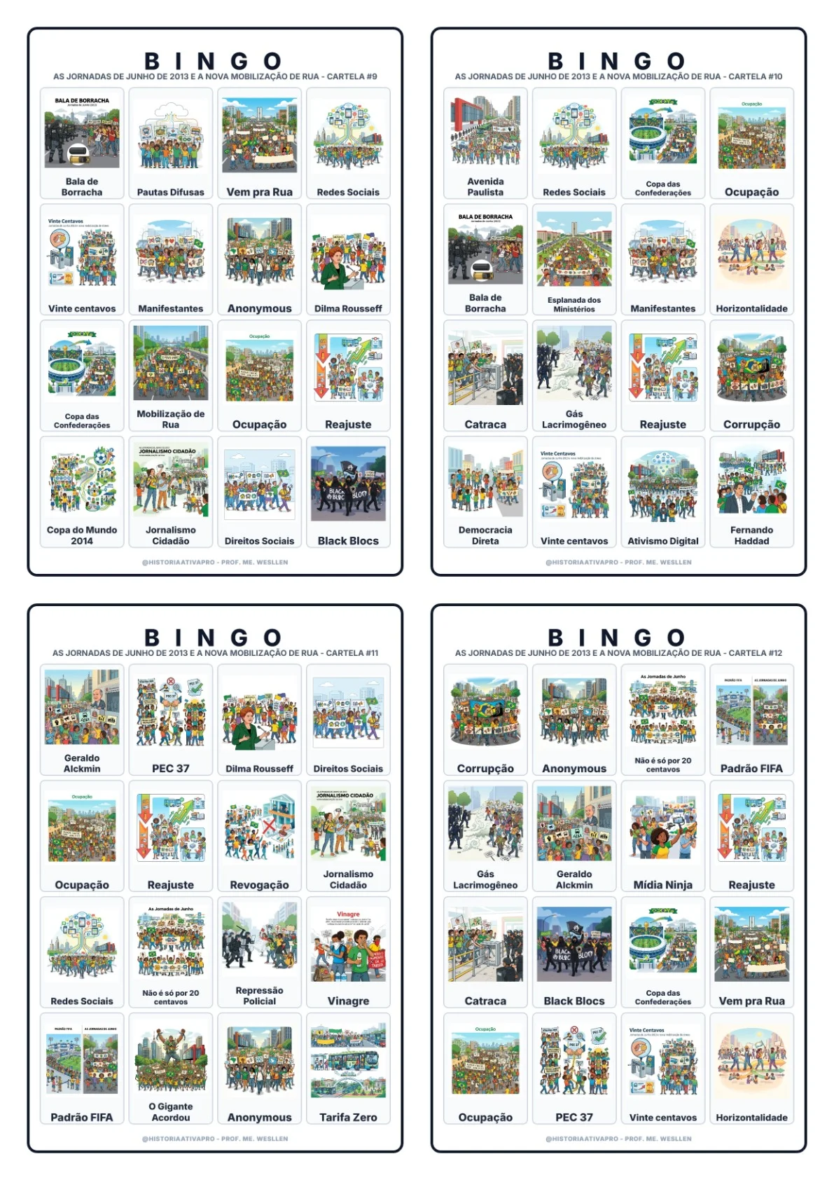 Bingo de História: Jornadas de Junho de 2013 - 9º Ano — amostra 5: Jogo de Bingo sobre as Jornadas de Junho de 2013 e as…
