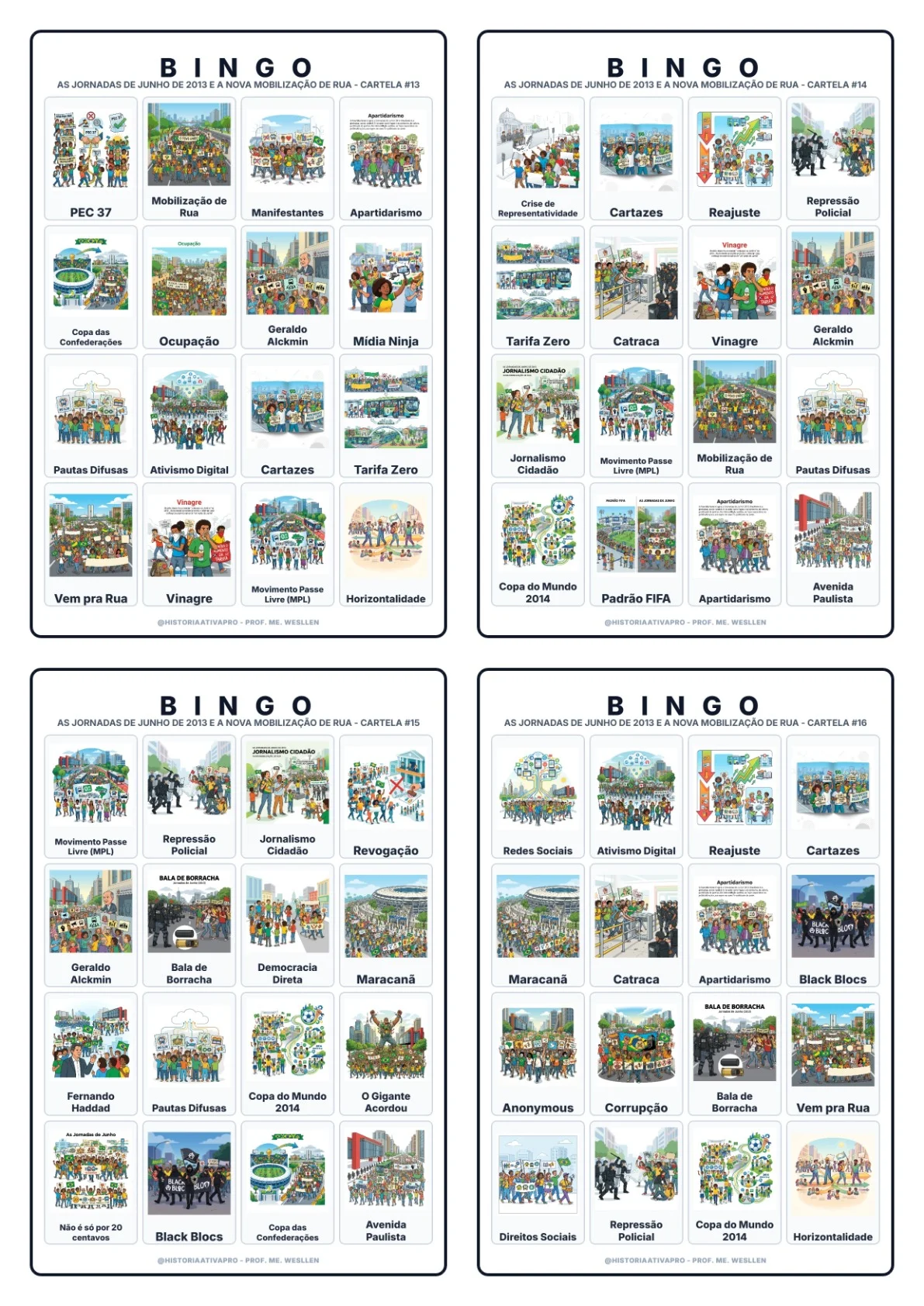 Bingo de História: Jornadas de Junho de 2013 - 9º Ano — amostra 6: Jogo de Bingo sobre as Jornadas de Junho de 2013 e as…