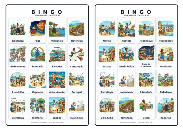Bingo de História: Maria Felipa - 8º Ano — Jogos pedagógicos para Fundamental II (6º–9º): Jogo de Bingo sobre Maria Felipa…
